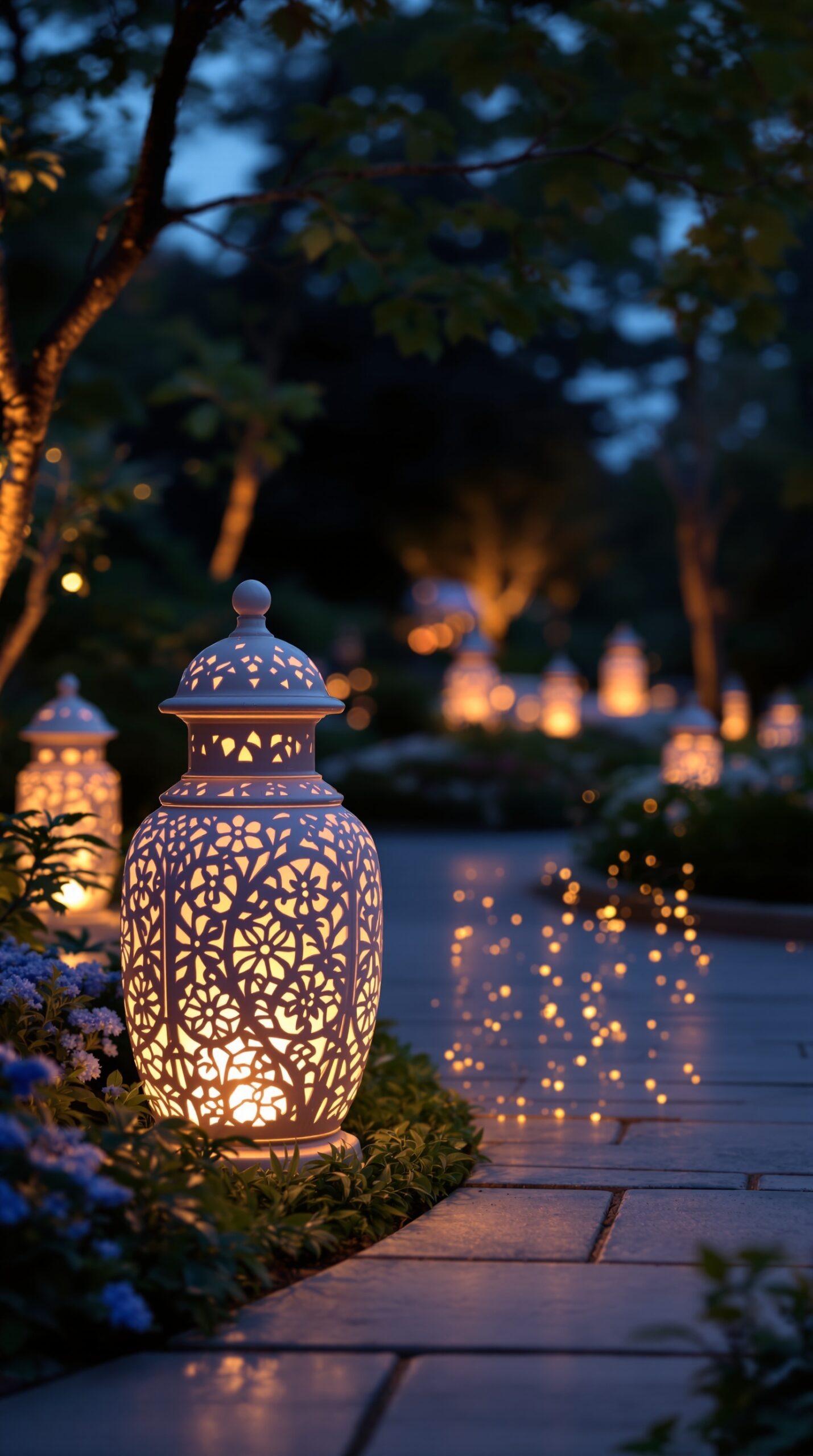 Ceramic lanterns glowing along a garden pathway at dusk.