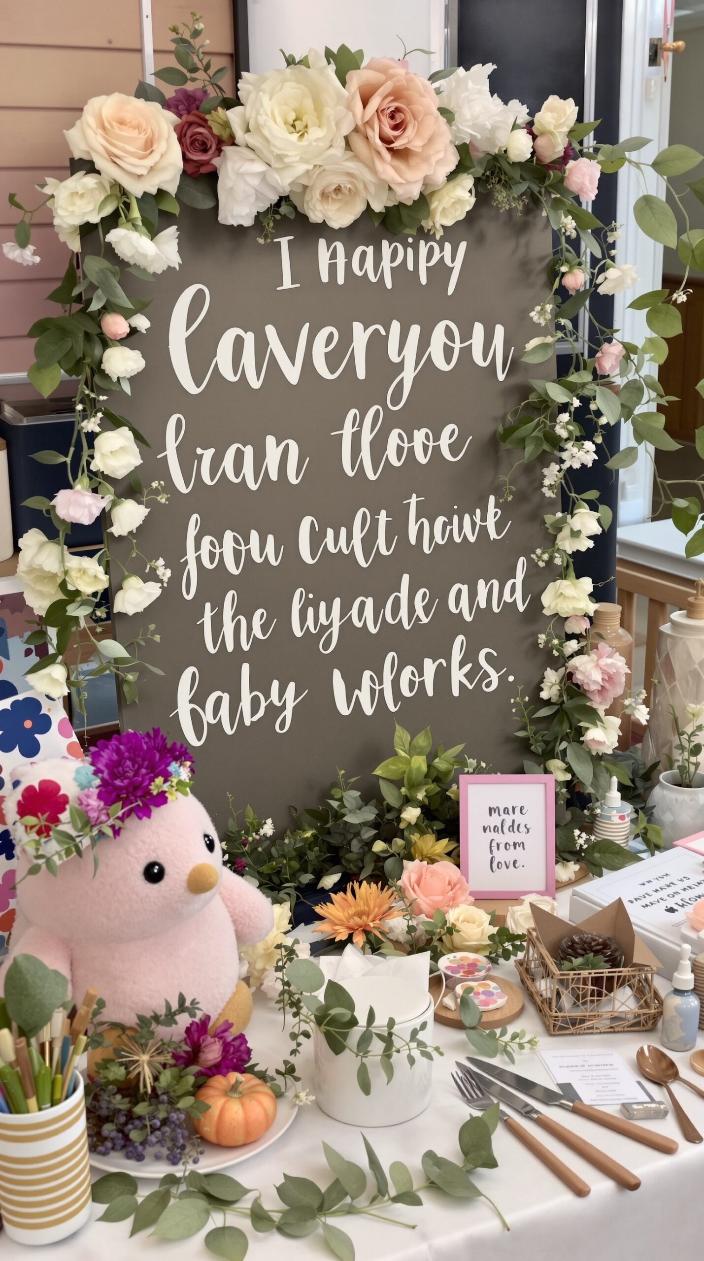 A table set up for a DIY flower crown activity at a baby shower, featuring flowers, greenery, and a plush bear wearing a flower crown.