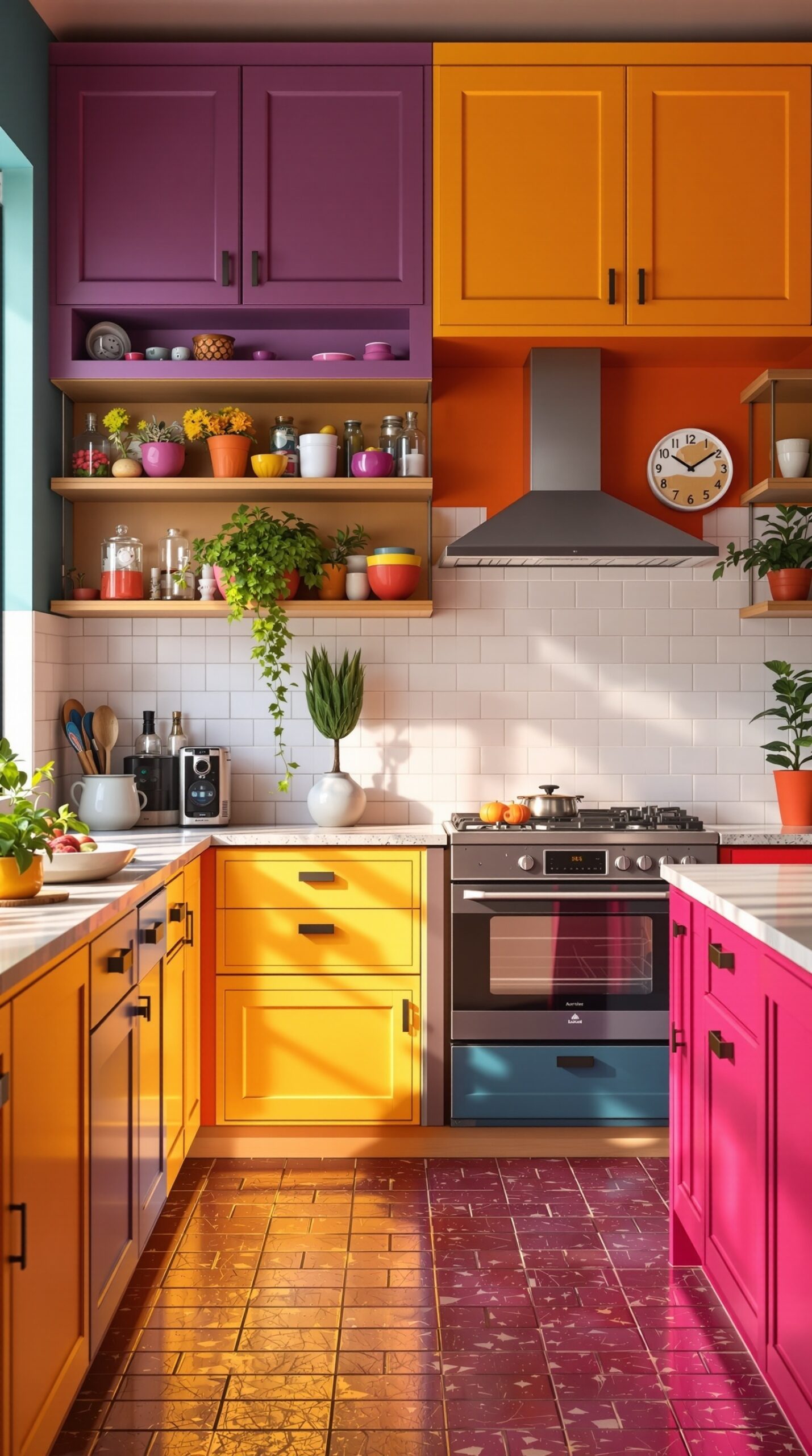 A colorful kitchen featuring purple, orange, and pink cabinets with plants and kitchenware.