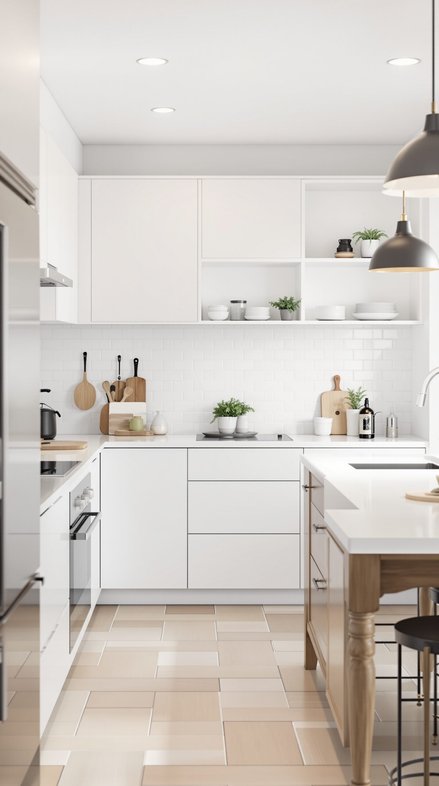 Modern kitchen with white cabinets, open shelving, and a clean layout