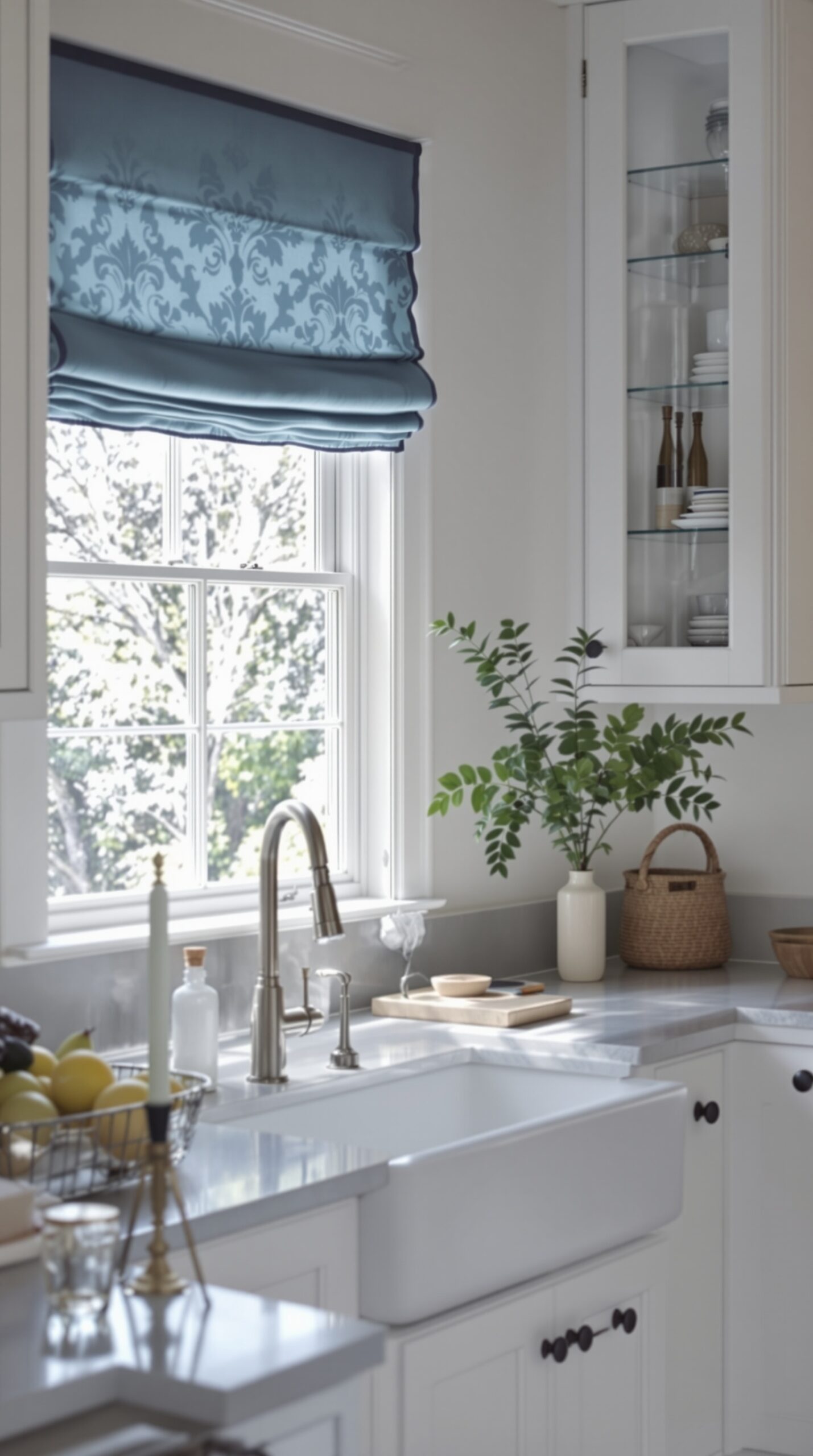 A kitchen with a French blue roman shade, showcasing a damask pattern, and a bright countertop with natural elements.