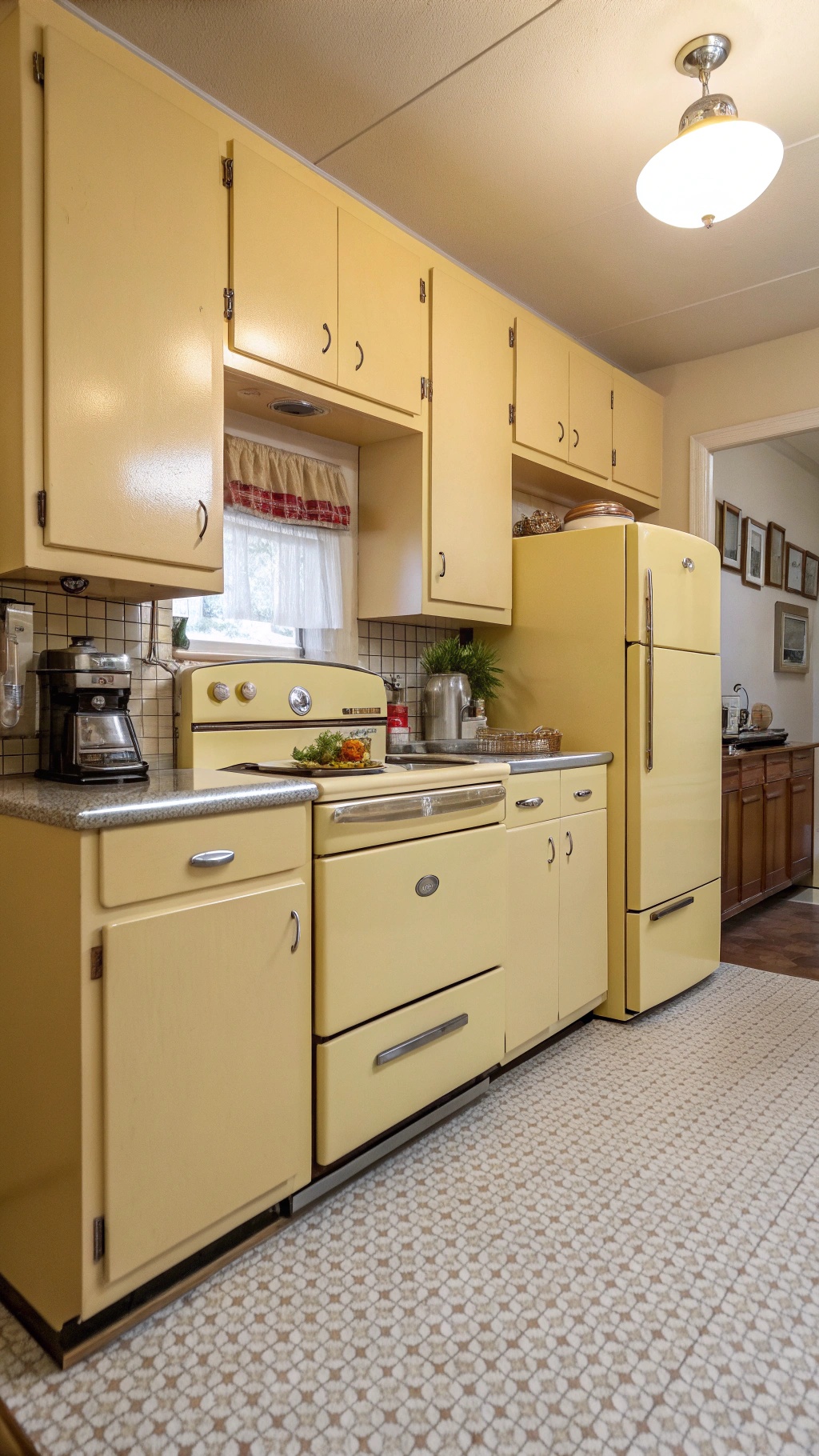 A vintage butter yellow kitchen featuring retro appliances, gray granite countertops, and patterned flooring.