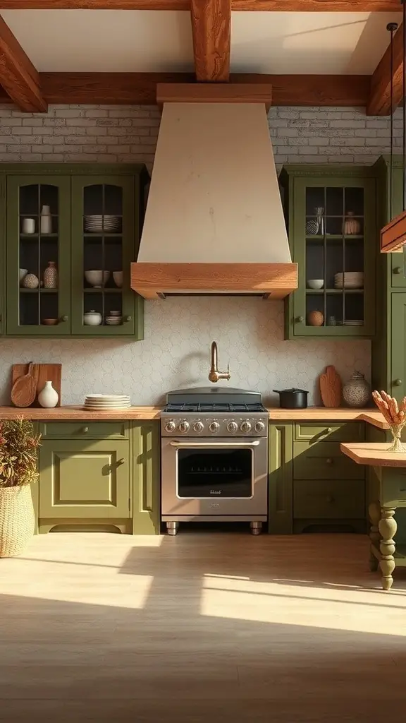 A rustic kitchen featuring two-tone cabinets in earthy green and wooden accents.