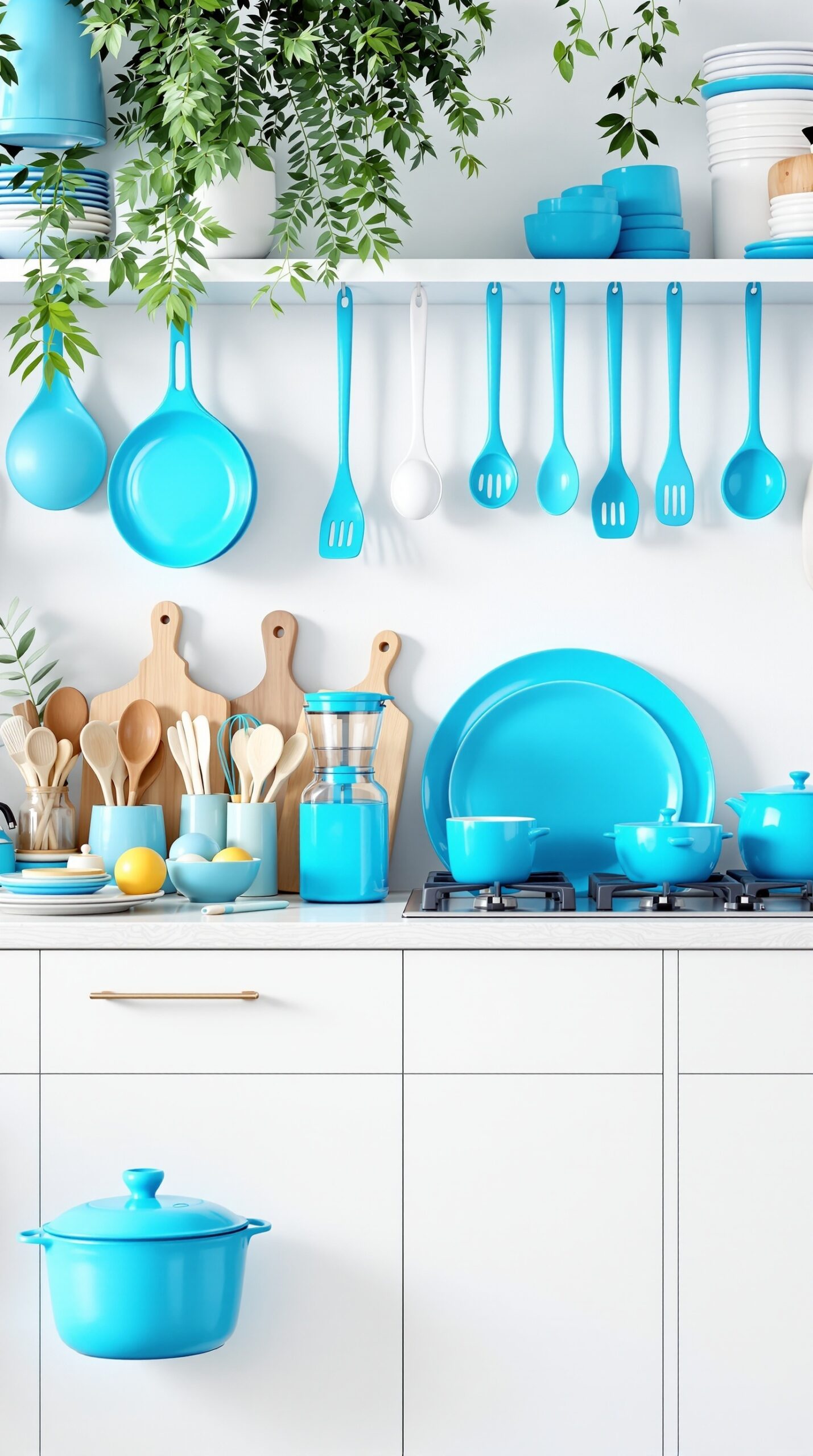 Bright blue kitchen accessories including pots, pans, and utensils arranged on a white shelf with greenery.