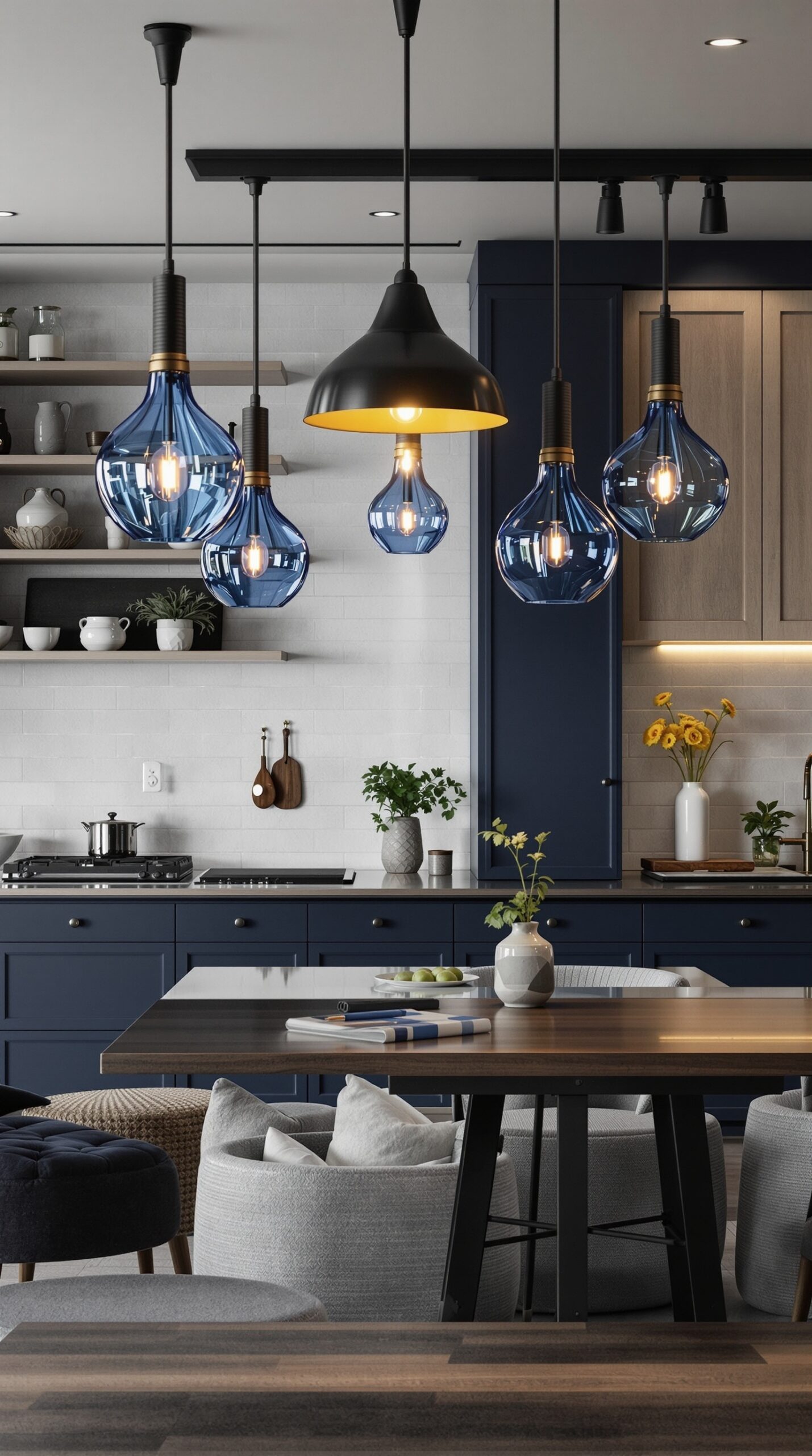 A modern kitchen featuring sophisticated blue lighting fixtures above a dining table.