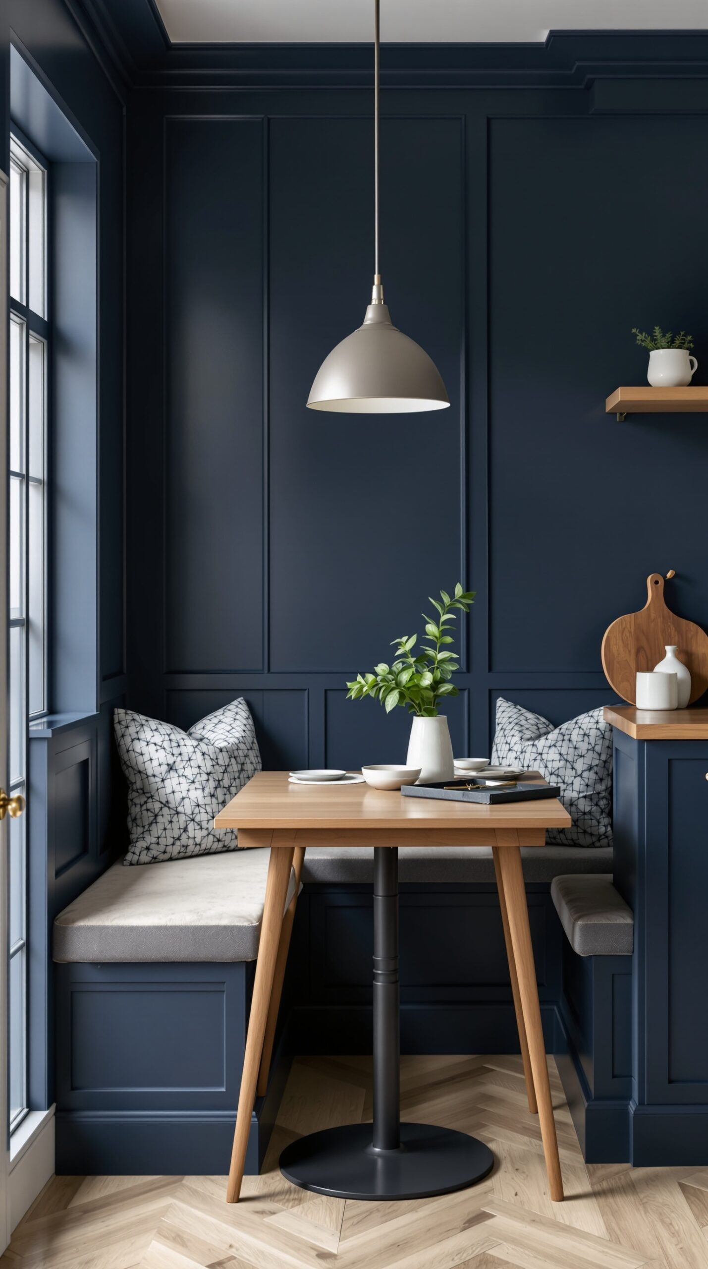 31+ Stylish Navy Blue Kitchen Ideas to Inspire Your Home 2 Cozy navy blue dining nook with corner seating and wooden table