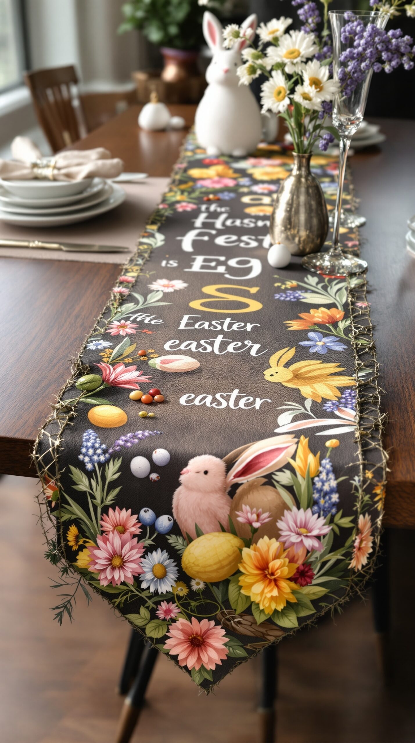 35+ Easter Party Decorations Ideas That Will Make Your Guests Say “Wait… You Did This Yourself?!” 14 A colorful Easter-themed table runner featuring bunnies, eggs, and flowers, set on a wooden dining table with elegant tableware.