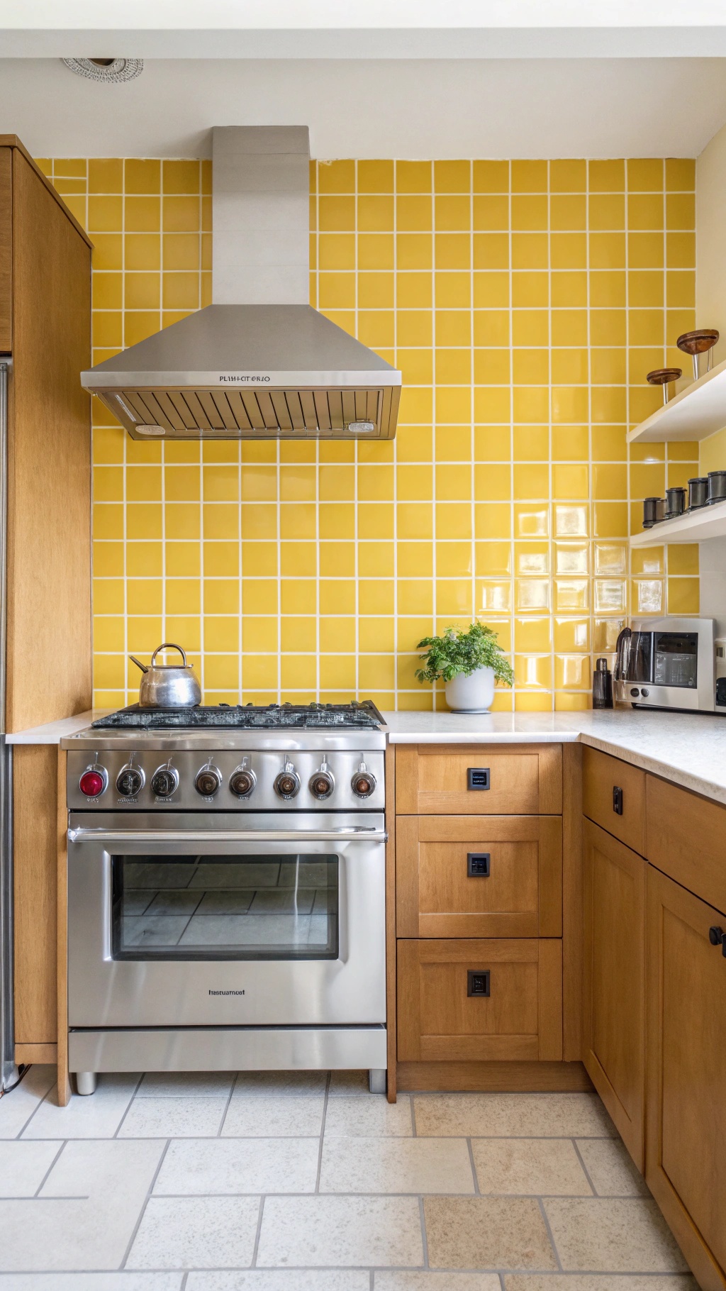 A kitchen featuring a butter yellow tile backsplash, wooden cabinets, and a stainless steel stove.
