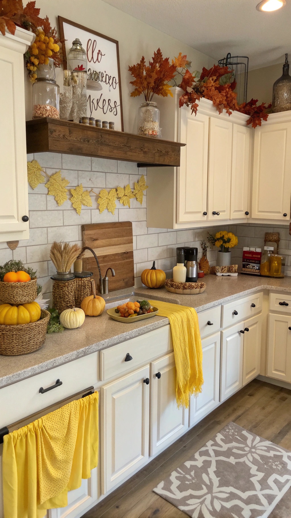 A butter yellow kitchen decorated for fall with pumpkins, yellow leaves, and warm accents.