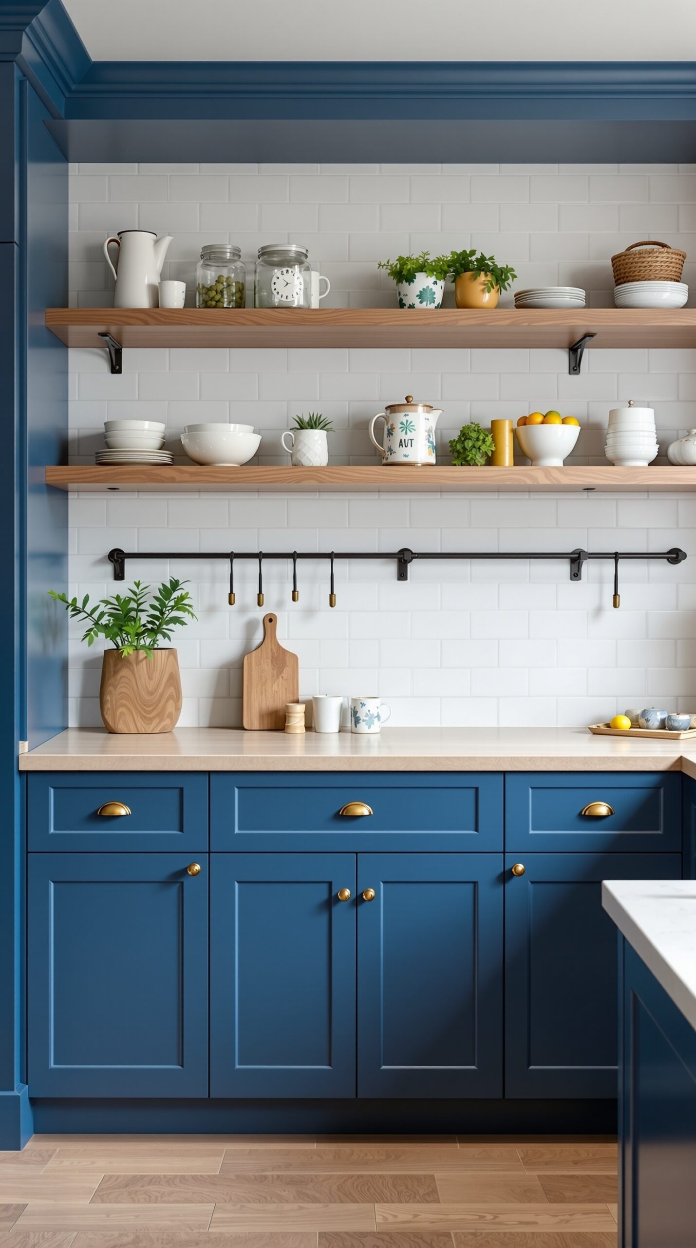 A modern blue kitchen featuring open shelving, wooden accents, and organized storage solutions.