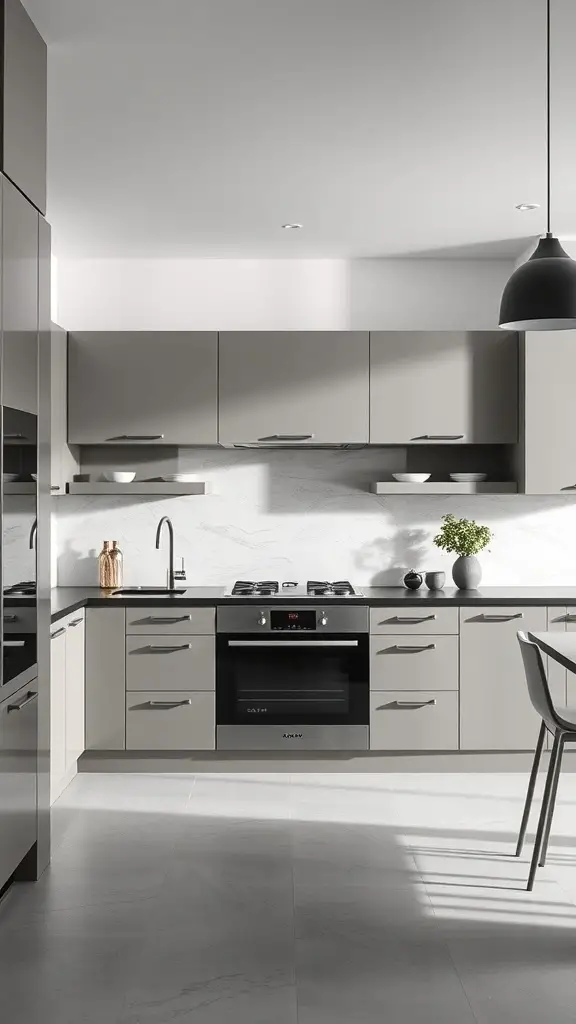 Modern kitchen with two-tone gray cabinets, sleek design, and minimalist decor.