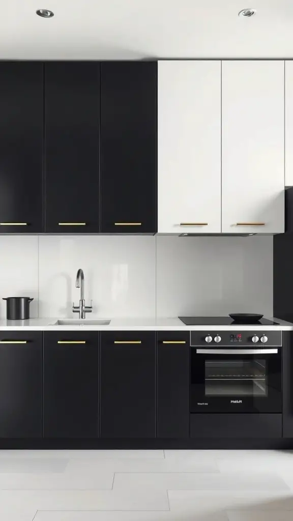 A modern kitchen featuring two-tone cabinets in matte black and glossy white with gold hardware.