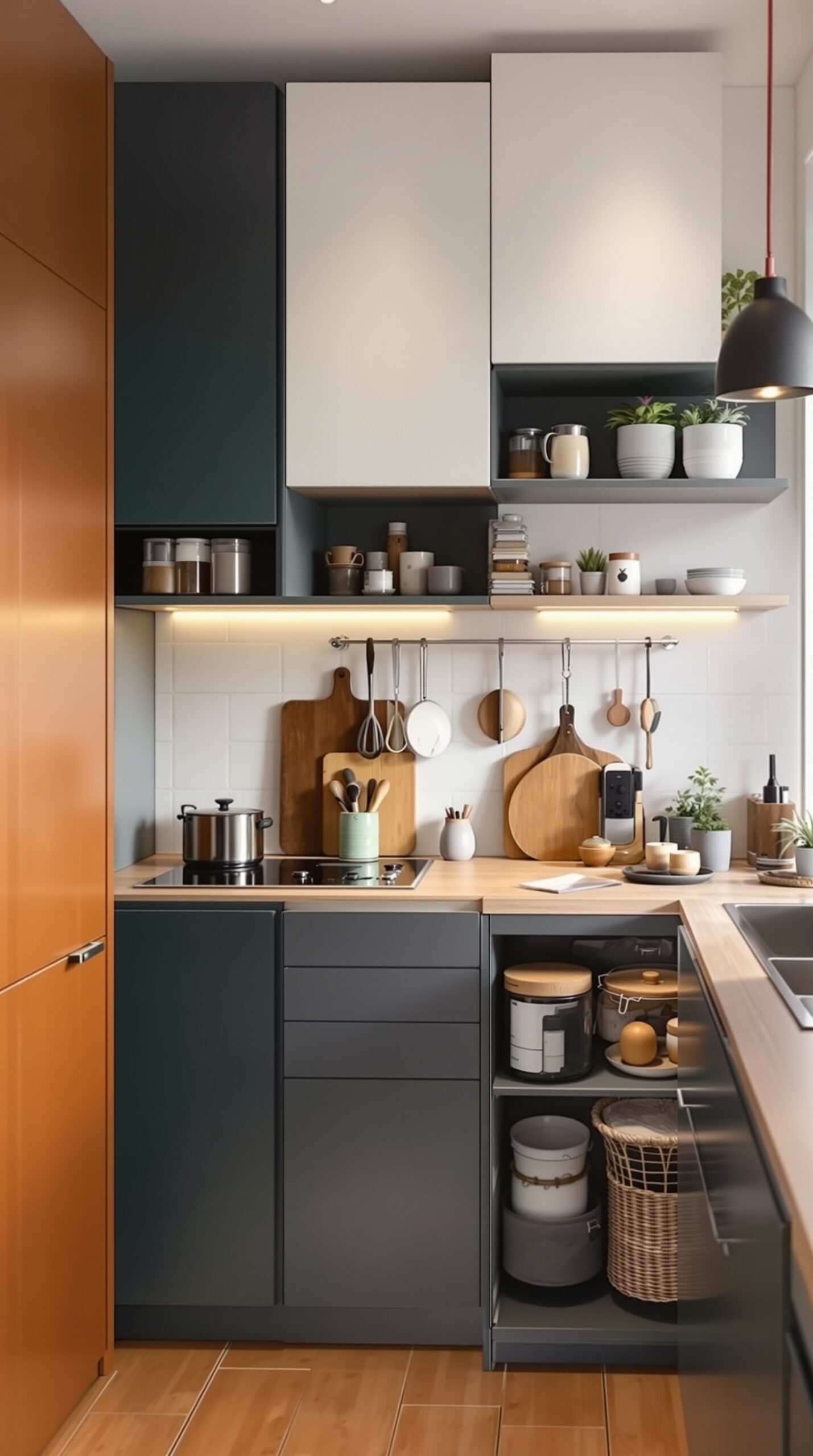 A compact kitchen featuring a mix of dark and light cabinets, open shelving with plants, and organized utensils.