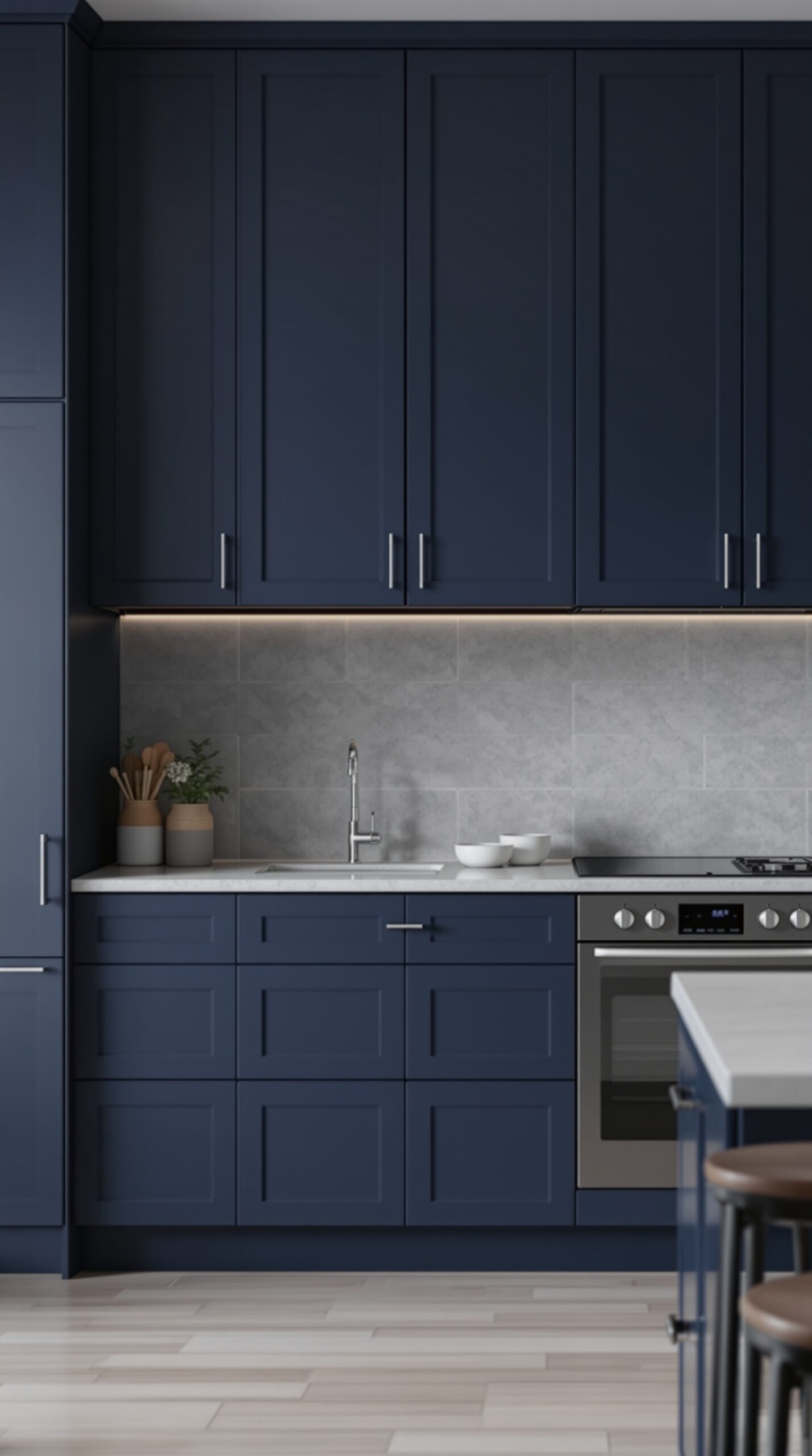 31+ Stylish Navy Blue Kitchen Ideas to Inspire Your Home 5 A modern navy blue kitchen with gray backsplash and under-cabinet lighting