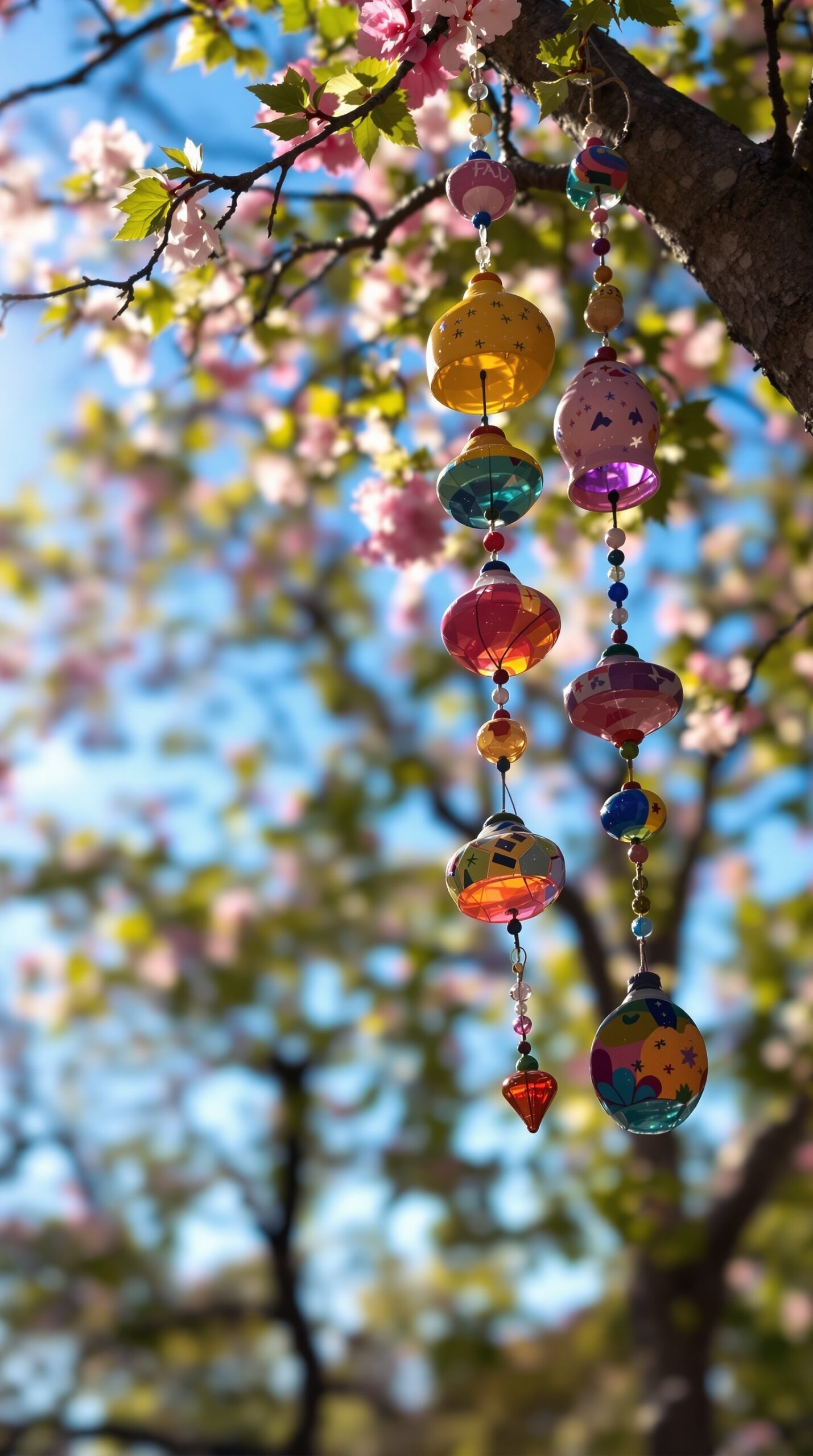 Colorful ceramic wind chimes hanging from a tree branch with pink flowers in the background.