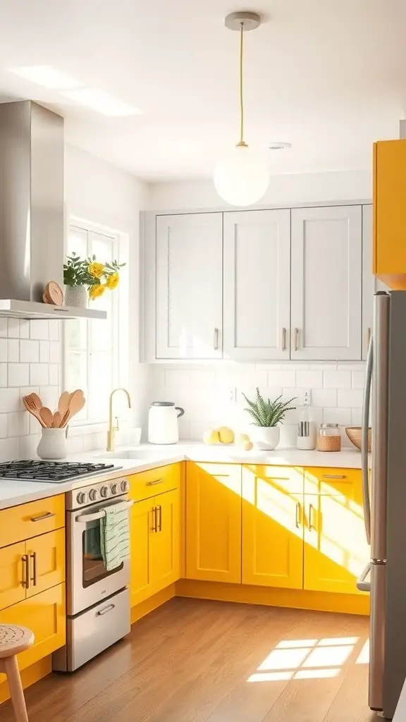 A bright kitchen featuring yellow lower cabinets and gray upper cabinets with natural light.