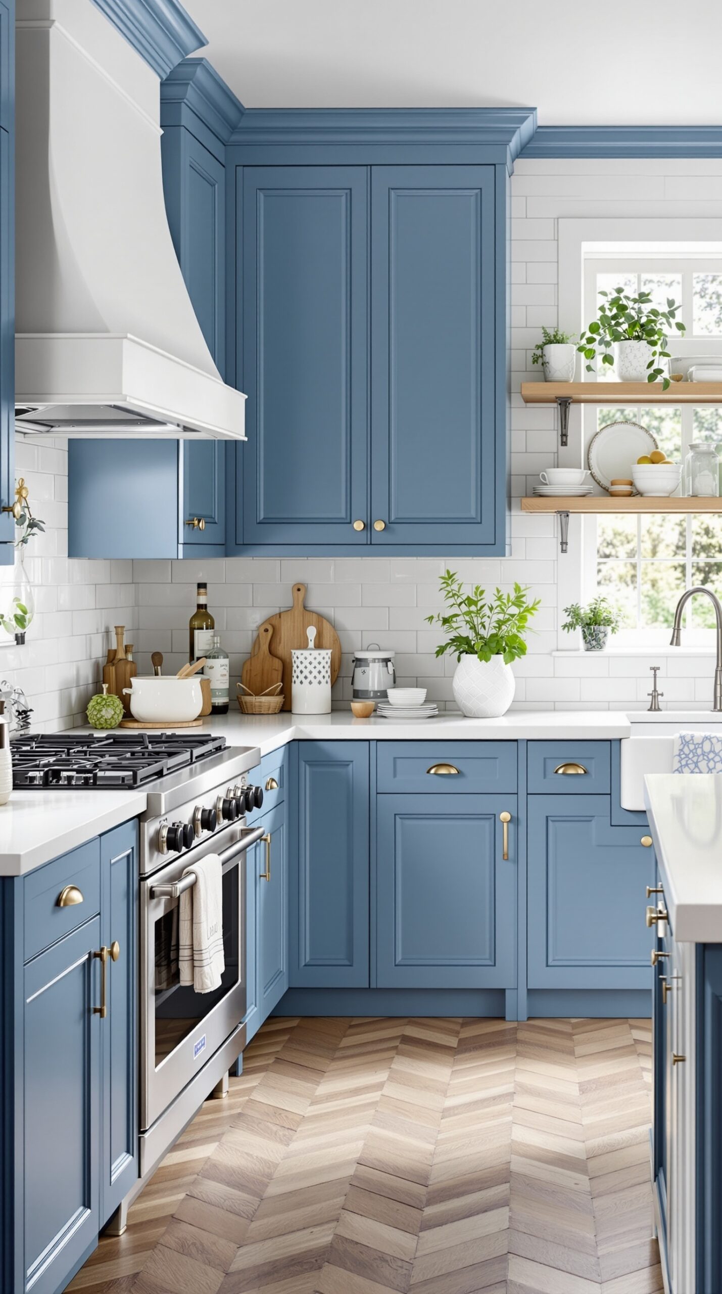 A kitchen featuring French blue cabinets, white countertops, and wooden flooring.