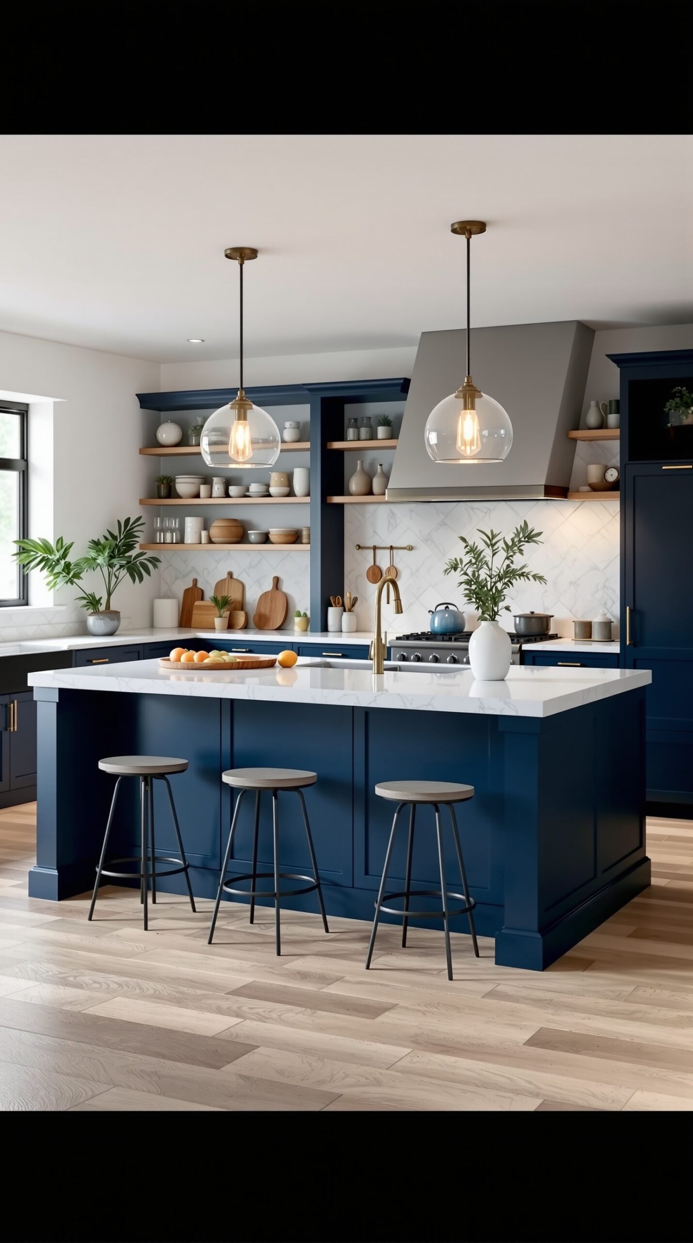 31+ Stylish Navy Blue Kitchen Ideas to Inspire Your Home 11 A modern navy blue kitchen island with a white countertop, surrounded by bar stools and stylish pendant lights.