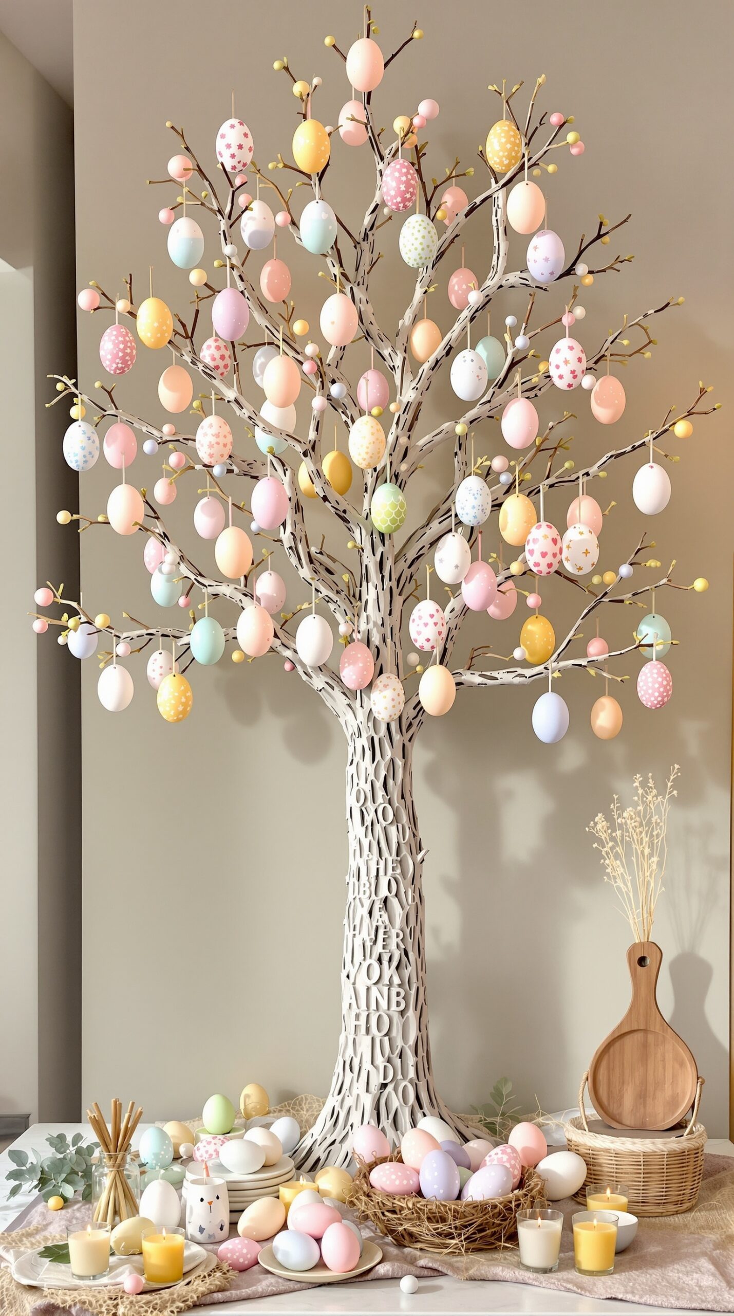 35+ Easter Party Decorations Ideas That Will Make Your Guests Say “Wait… You Did This Yourself?!” 13 A whimsical egg tree display with colorful eggs hanging from branches, surrounded by decorative elements for Easter.