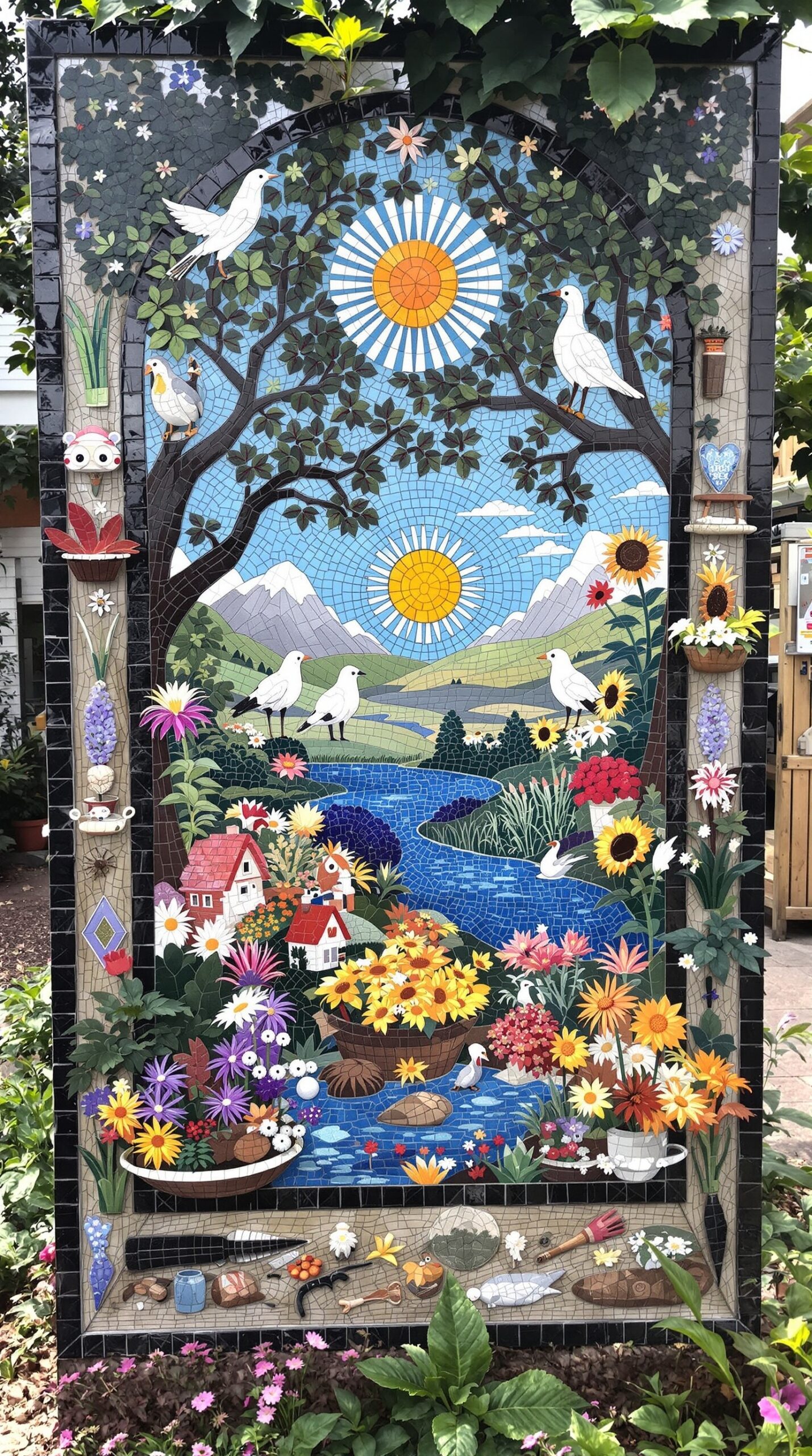 A colorful mosaic art piece depicting a sunny landscape with birds, flowers, and houses.