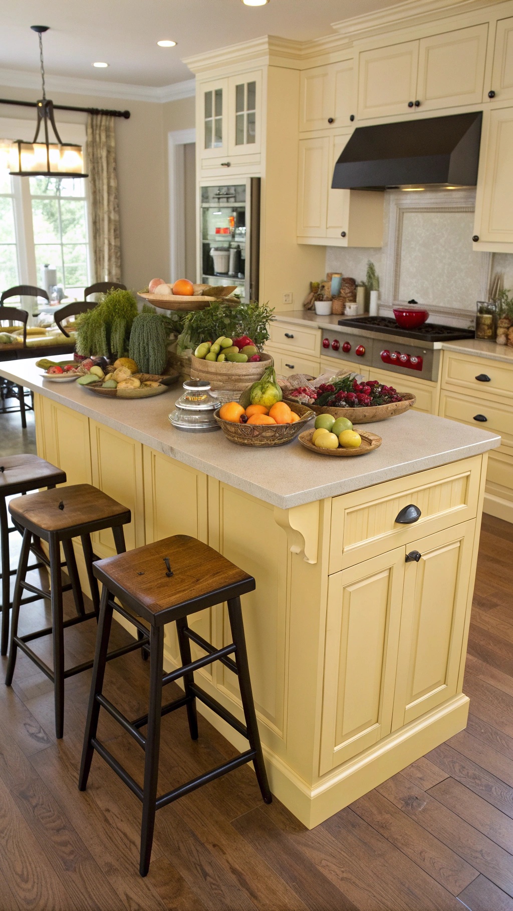 A butter yellow kitchen island with fresh fruits and vegetables, surrounded by wooden stools.
