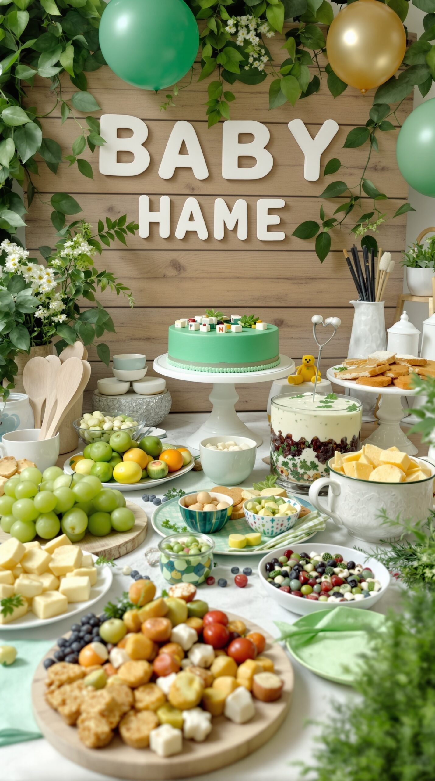 A sprout-themed snack table featuring a variety of fruits, snacks, and a decorated cake for a baby shower.