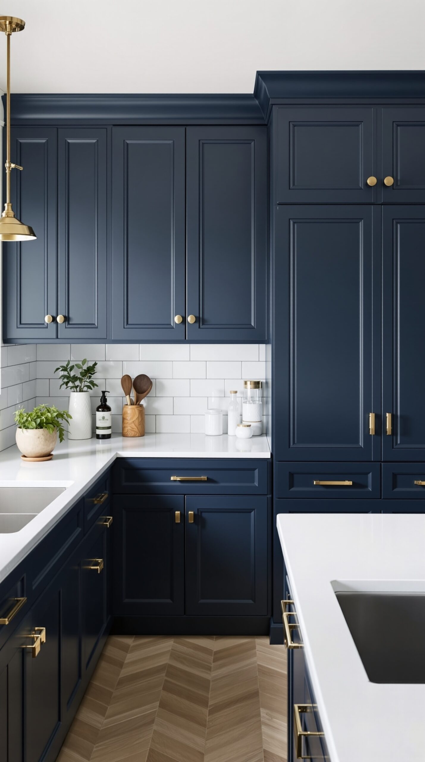 31+ Stylish Navy Blue Kitchen Ideas to Inspire Your Home 7 A modern kitchen featuring navy blue cabinets with gold hardware, white countertops, and a light wood floor.