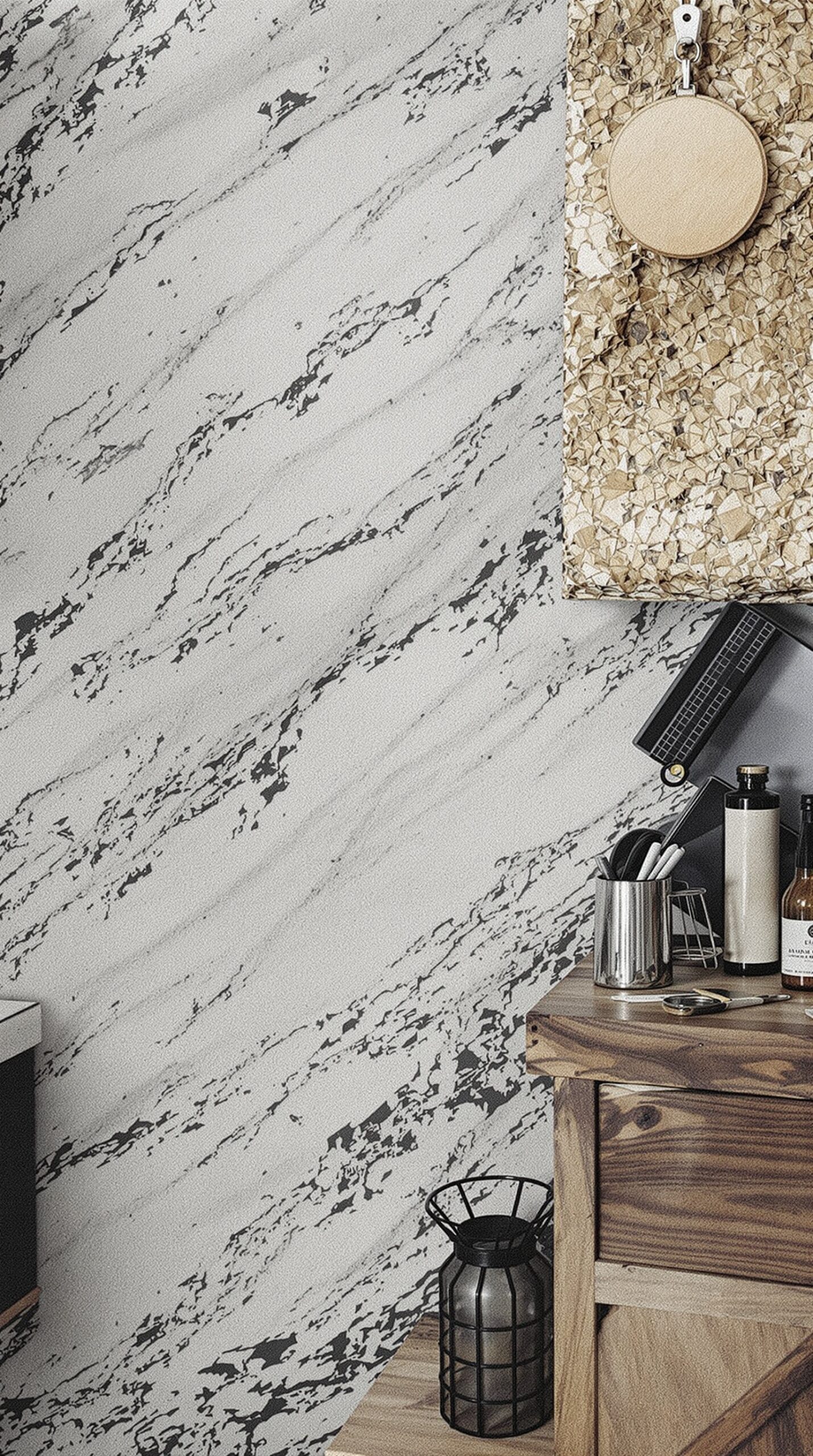 A kitchen featuring a marble wall, corkboard, and wooden countertop, showcasing a mix of textures.