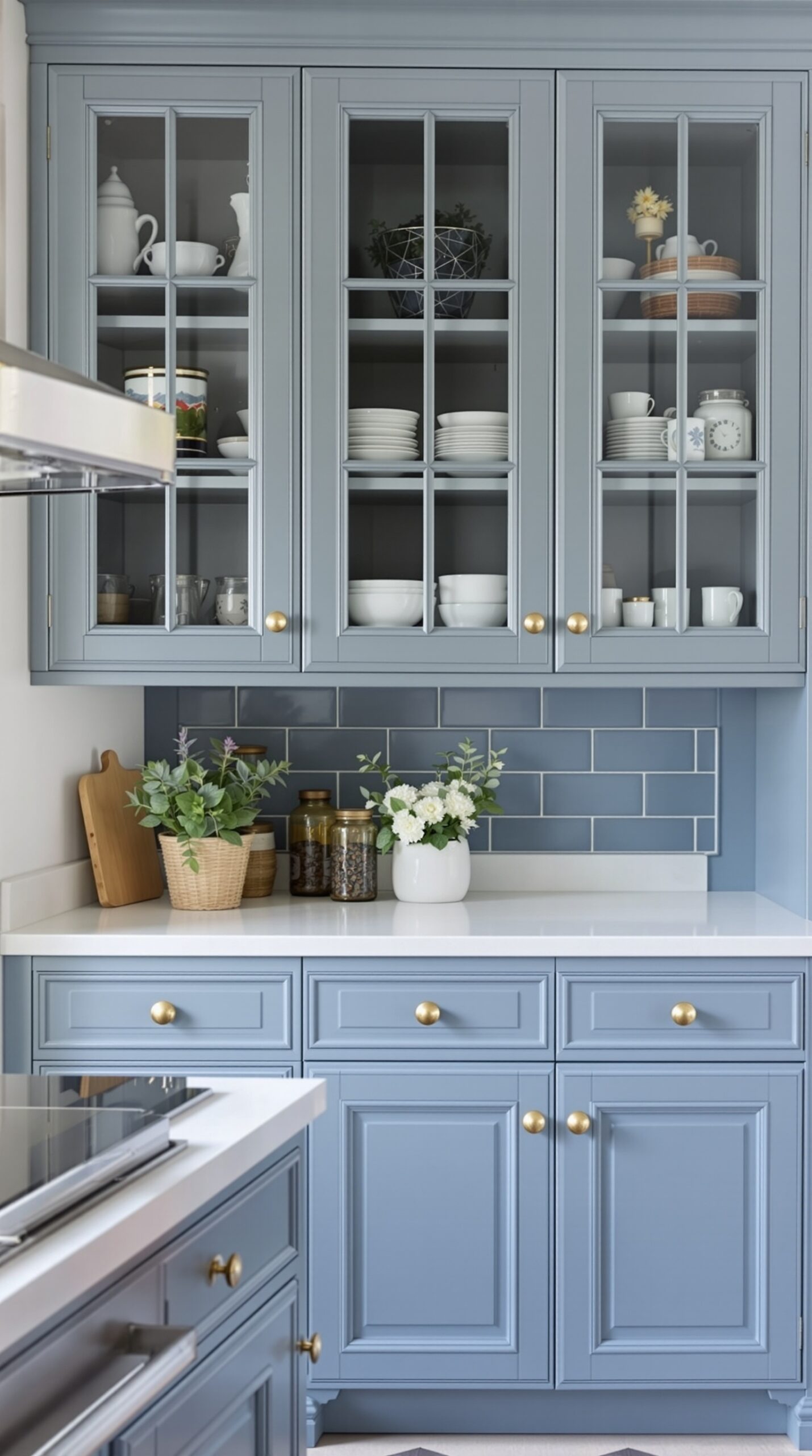 A kitchen featuring charming French blue cabinets with glass doors, a white countertop, and decorative items.