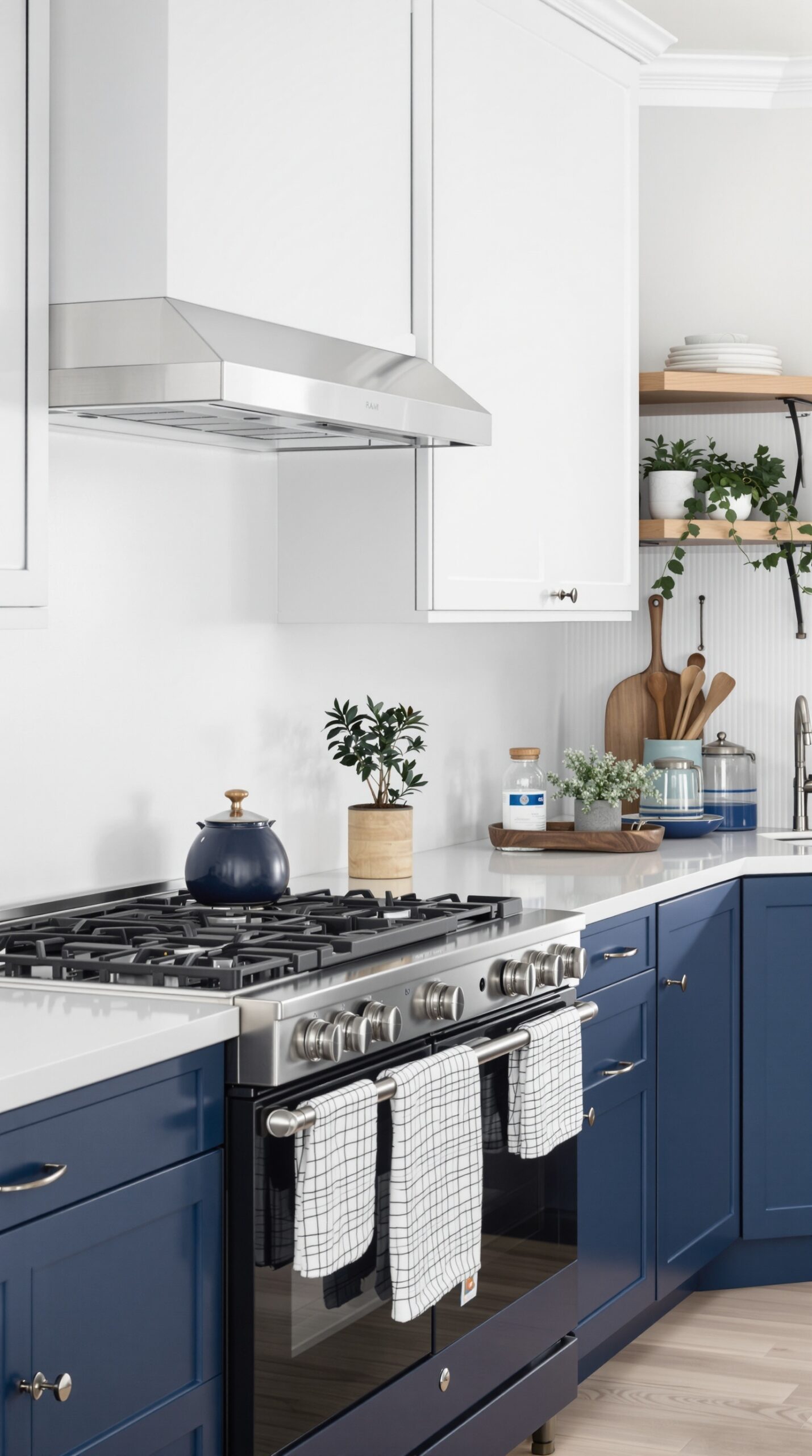 31+ Stylish Navy Blue Kitchen Ideas to Inspire Your Home 14 A modern kitchen featuring navy blue appliances and white cabinetry.
