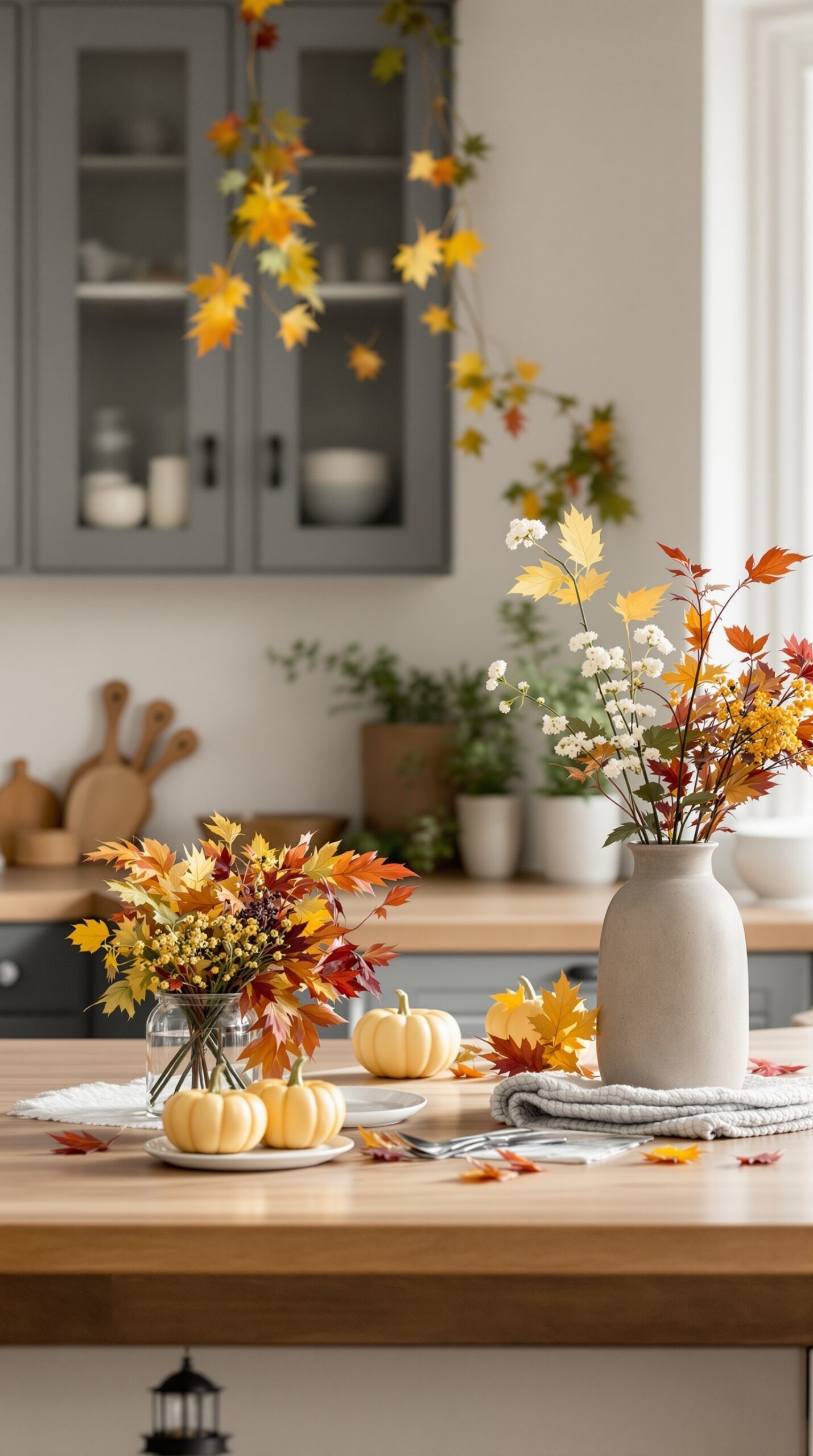 A cozy kitchen decorated for autumn with colorful leaves, pumpkins, and flowers.