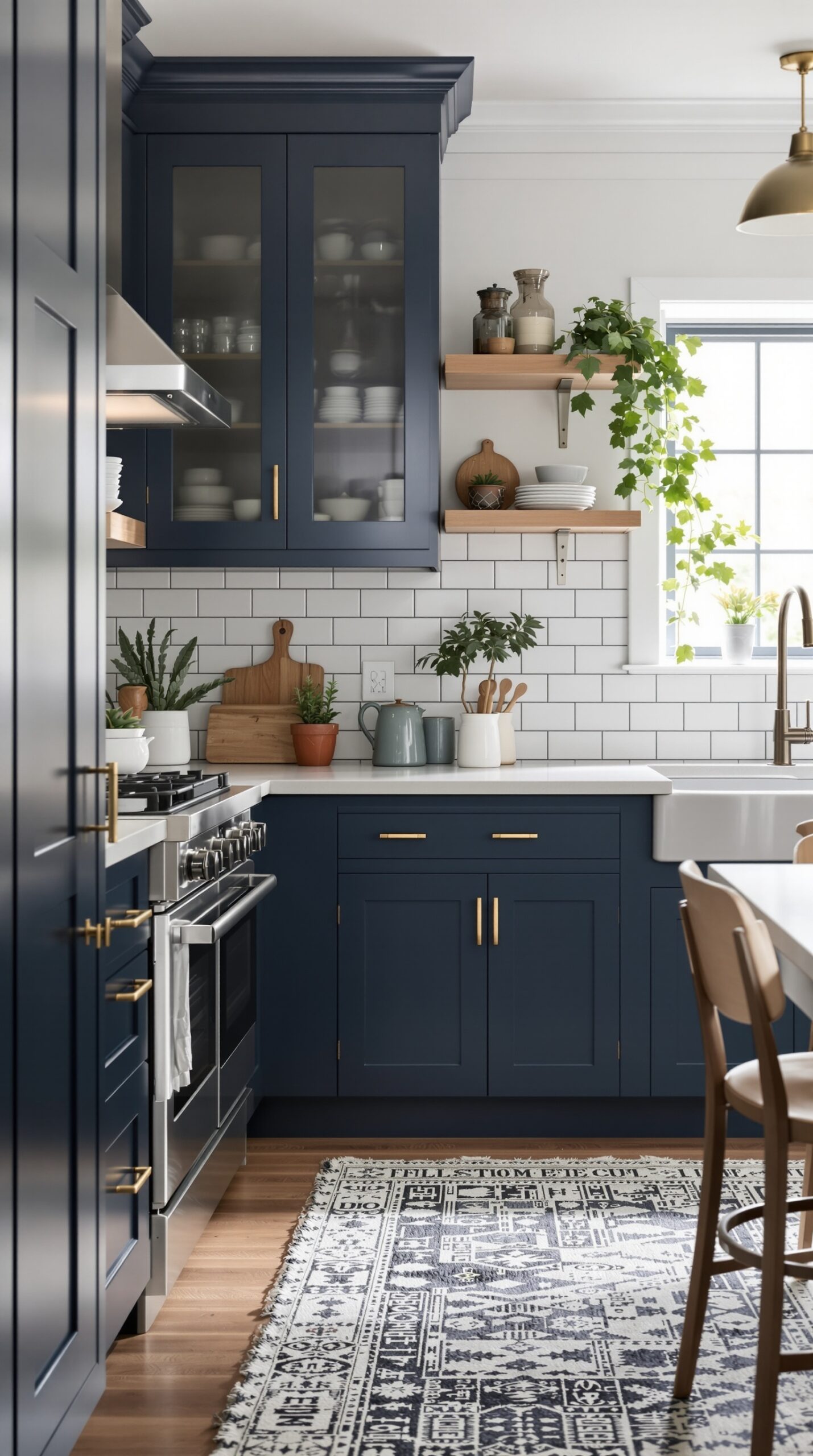 31+ Stylish Navy Blue Kitchen Ideas to Inspire Your Home 12 A navy blue kitchen featuring natural wood shelves and plants, creating a cozy and modern atmosphere.