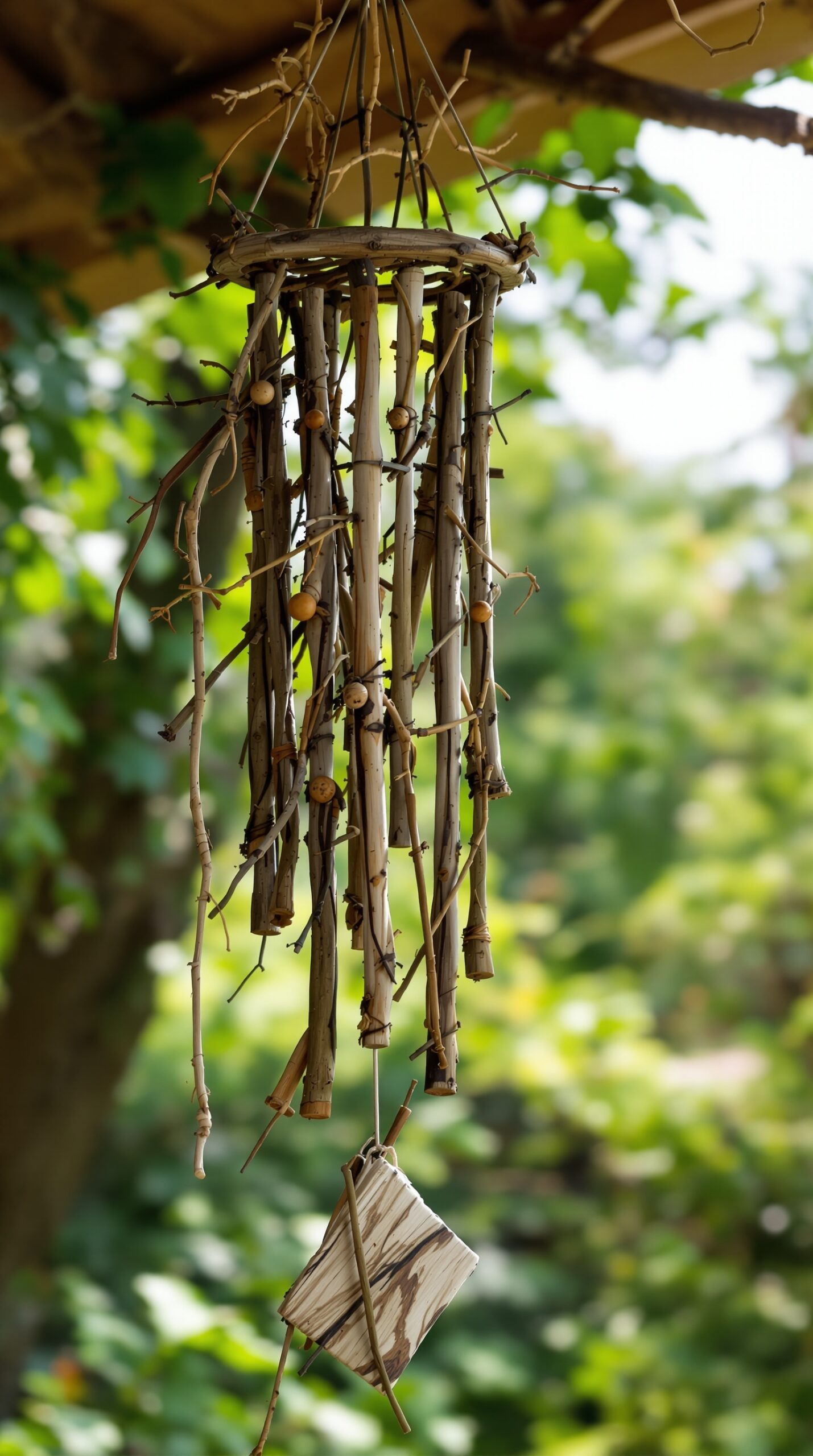 27+ DIY Wind Chime Ideas You Can Make on a Budget (Beautiful & Easy Projects) 12 A rustic wind chime made from twigs and wood, hanging in a green outdoor setting.
