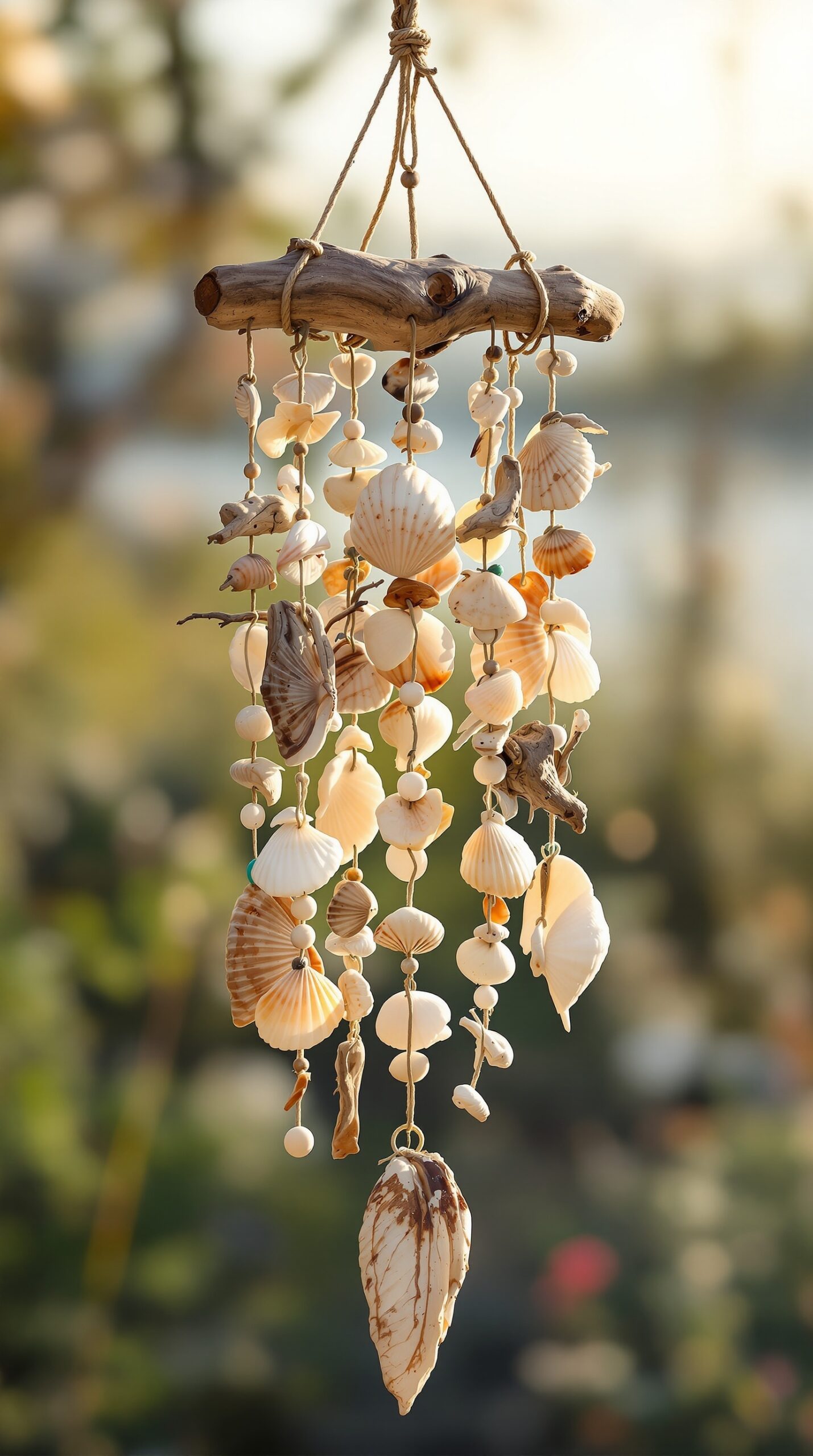 27+ DIY Wind Chime Ideas You Can Make on a Budget (Beautiful & Easy Projects) 9 A beautiful sea shell wind chime made from various shells and driftwood, hanging in a garden.