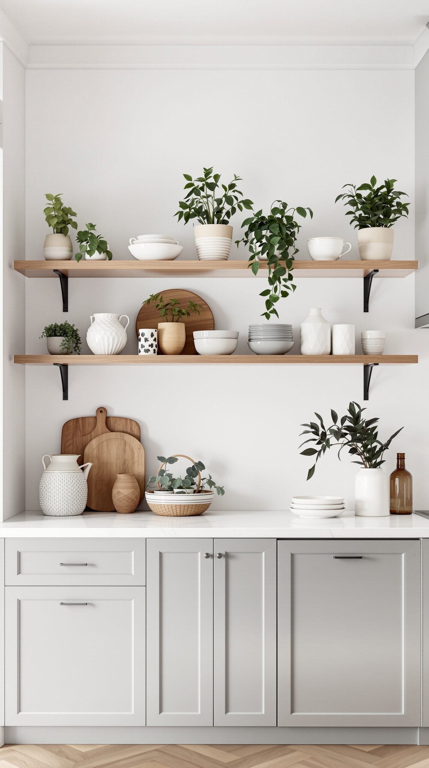 Open shelving in a modern kitchen with plants and dishware
