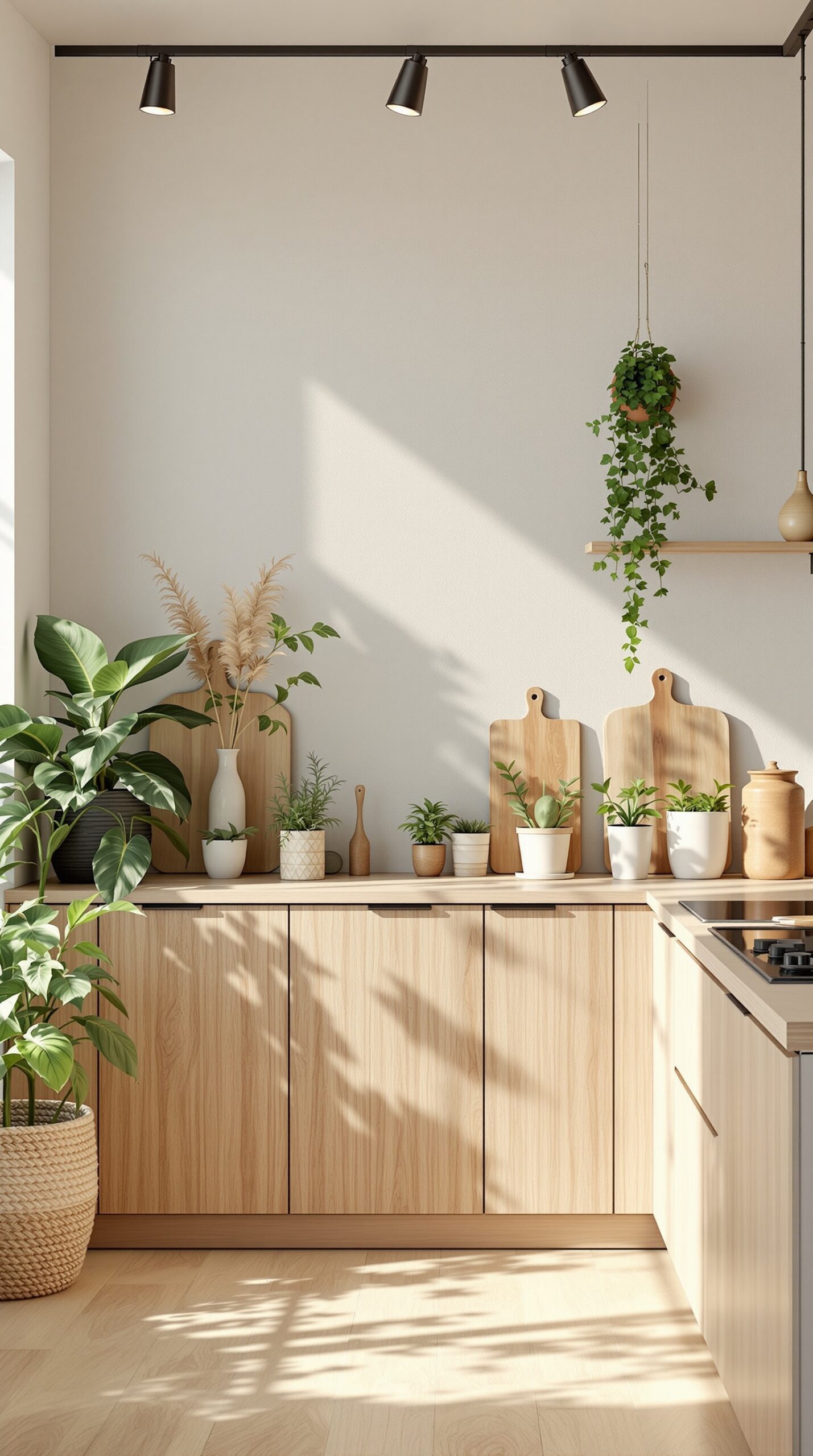 A modern kitchen with wooden cabinets, plants, and natural light.