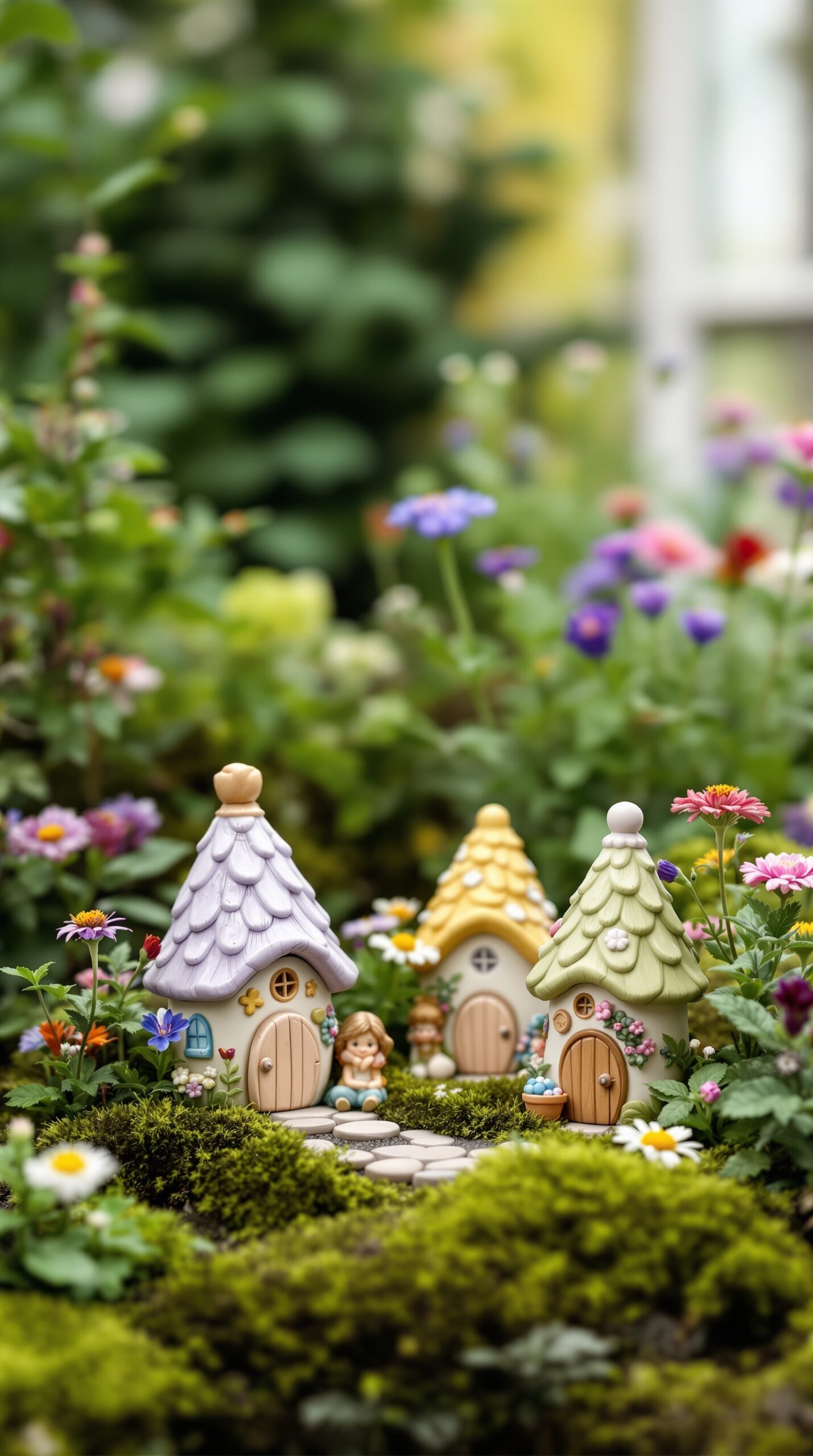 Colorful ceramic fairy houses surrounded by flowers in a garden
