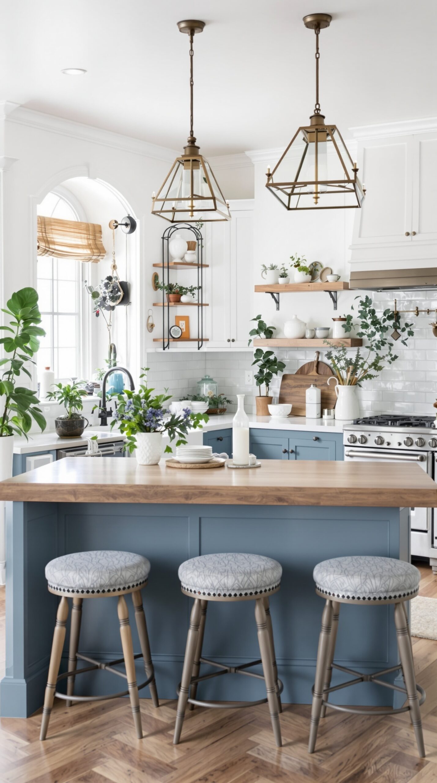 A cozy kitchen featuring a French blue breakfast bar with three stools, wooden countertop, and decorative plants.