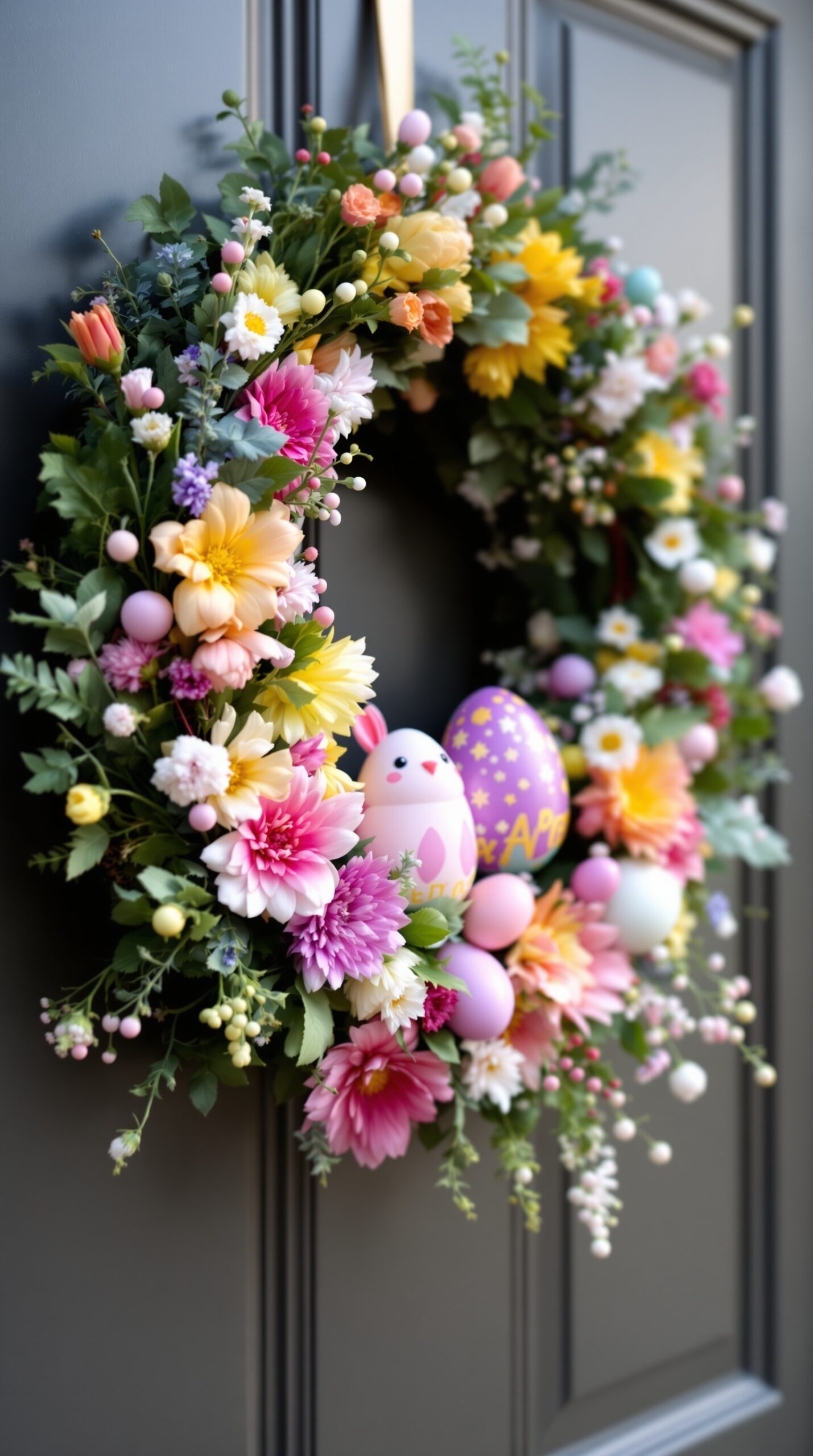 35+ Easter Party Decorations Ideas That Will Make Your Guests Say “Wait… You Did This Yourself?!” 6 A colorful Easter-themed wreath with flowers and decorative eggs.