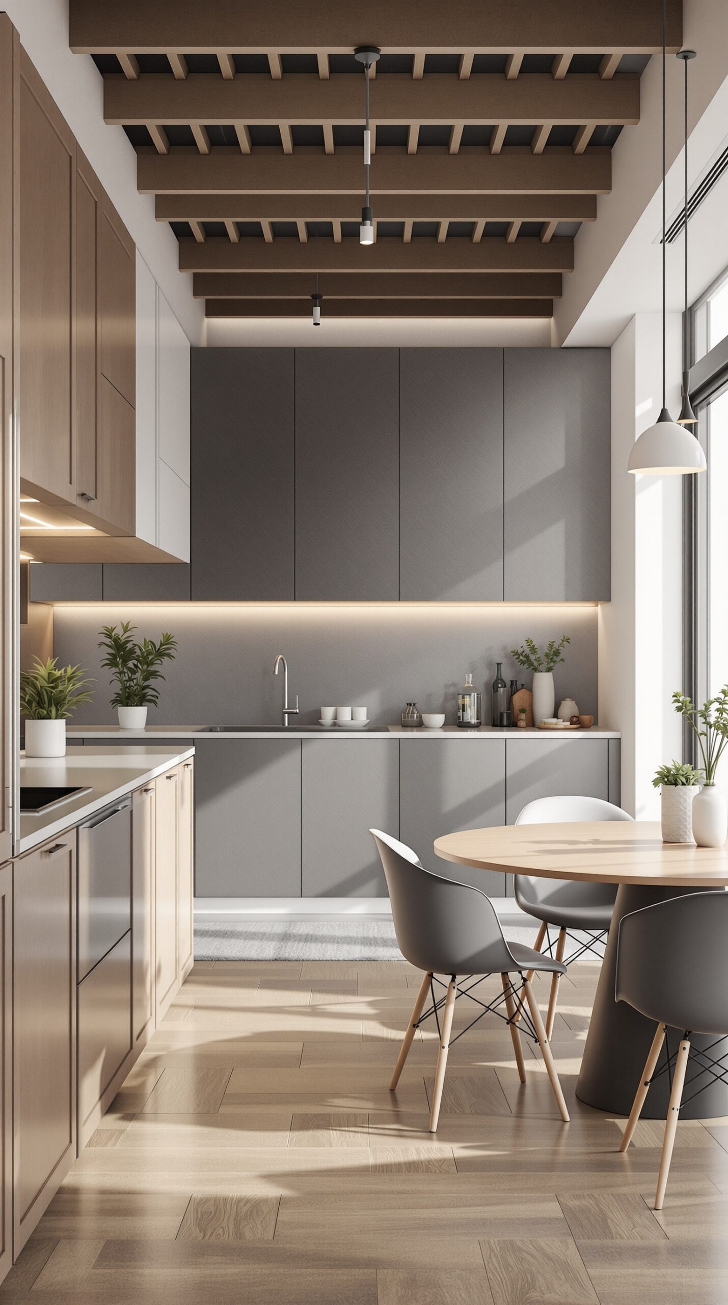 Modern kitchen with integrated dining area featuring a round table and stylish chairs.
