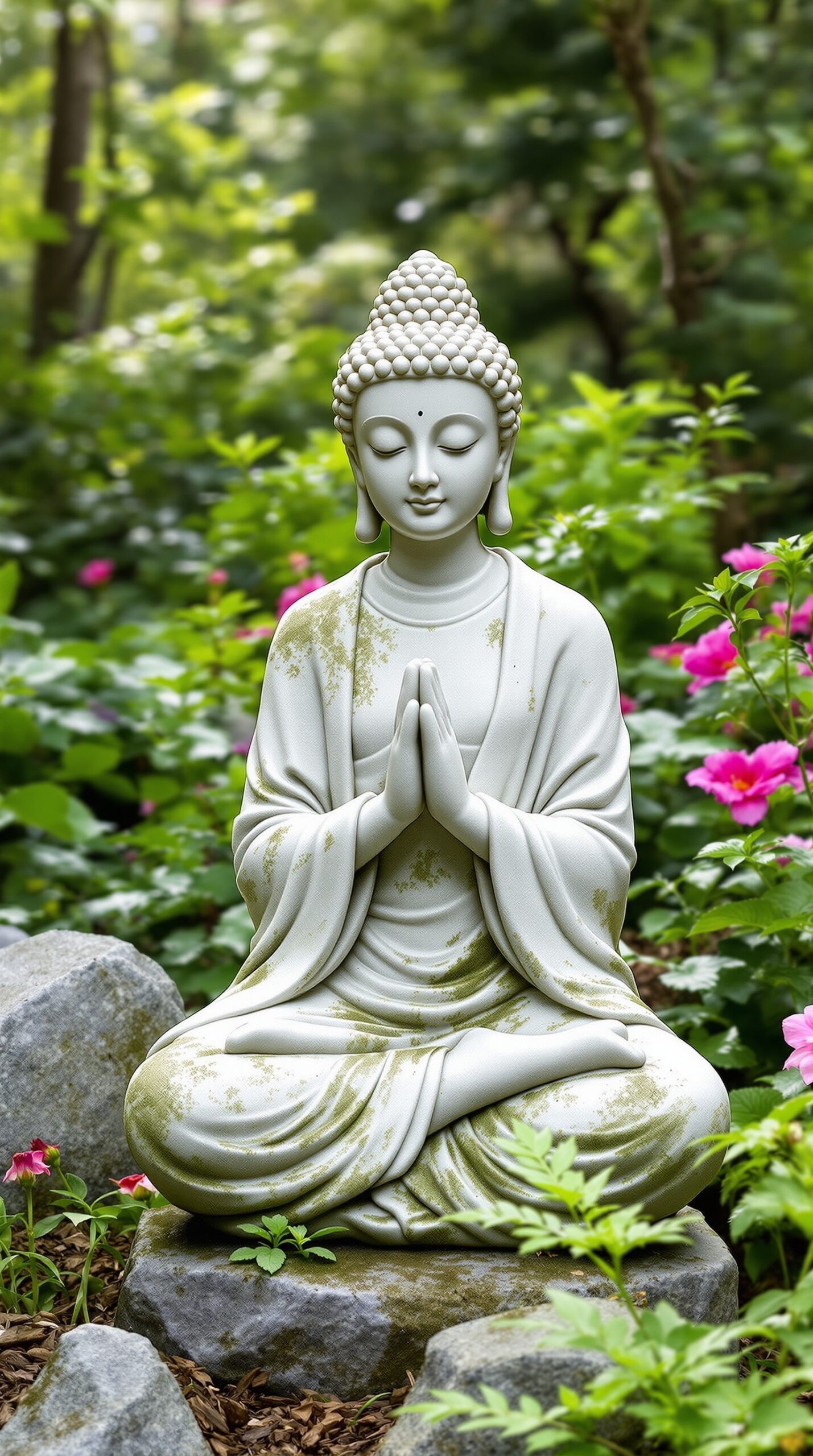 A serene ceramic statue of a seated figure in a garden, surrounded by greenery and flowers.