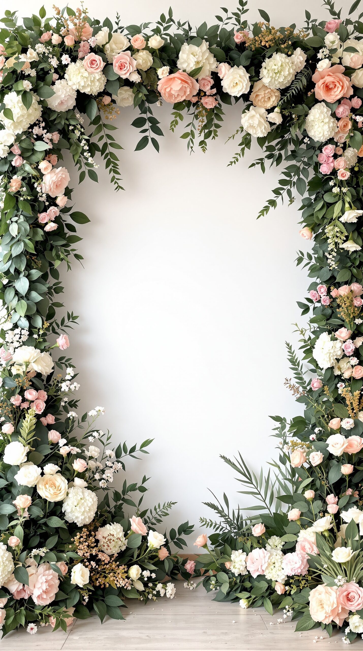 A floral and greenery backdrop featuring pink roses, white peonies, and lush leaves, perfect for a baby shower photo area.