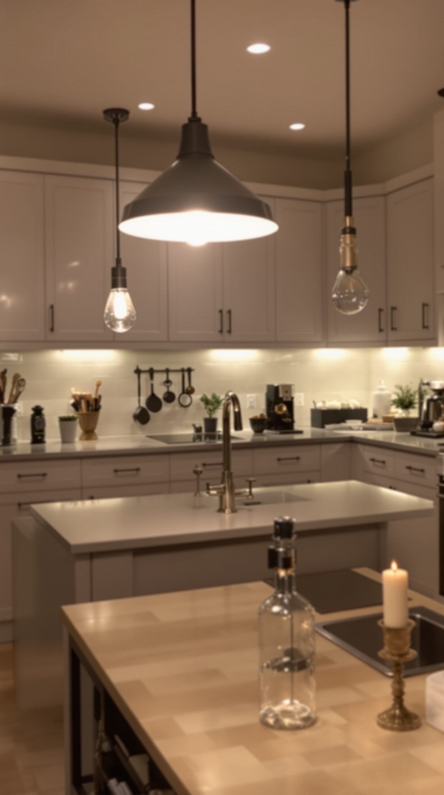 A modern kitchen with pendant lights and recessed lighting, featuring a stylish design and warm atmosphere.