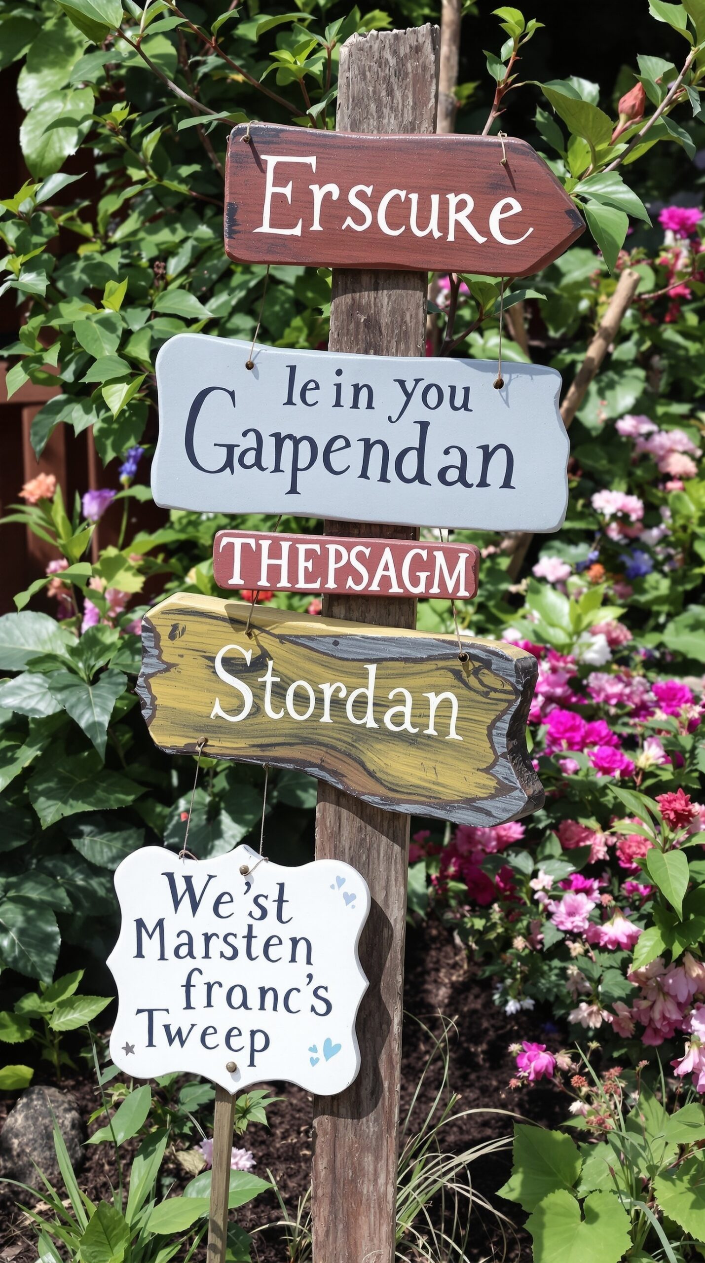 A collection of colorful ceramic garden signs hanging on a wooden post surrounded by flowers.