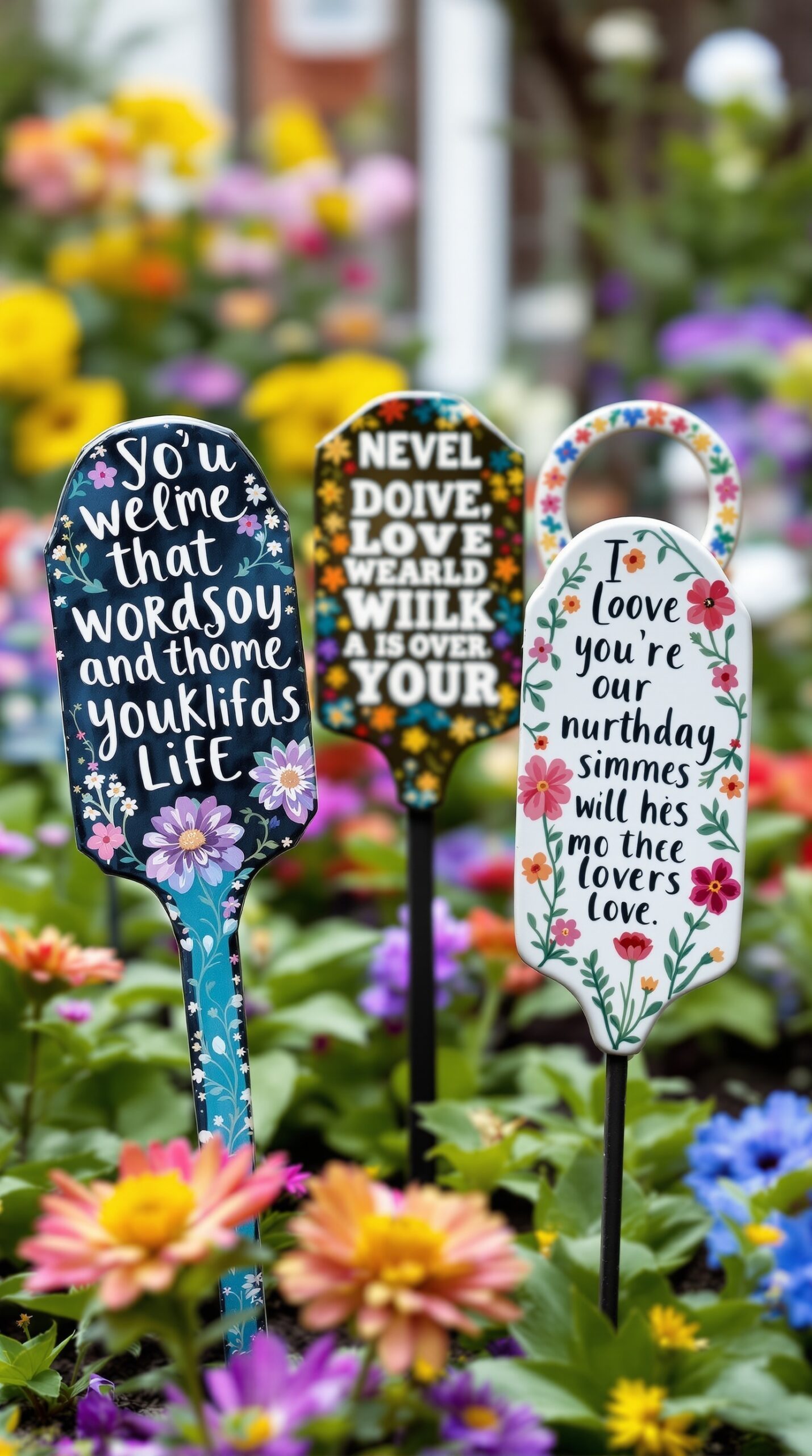 Colorful decorative garden stakes with playful messages among flowers.