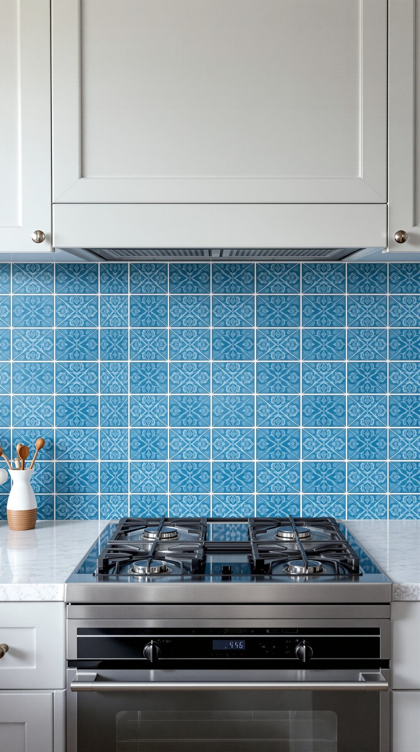 A stylish kitchen featuring a blue patterned tile backsplash, white cabinetry, and a stainless steel stove.