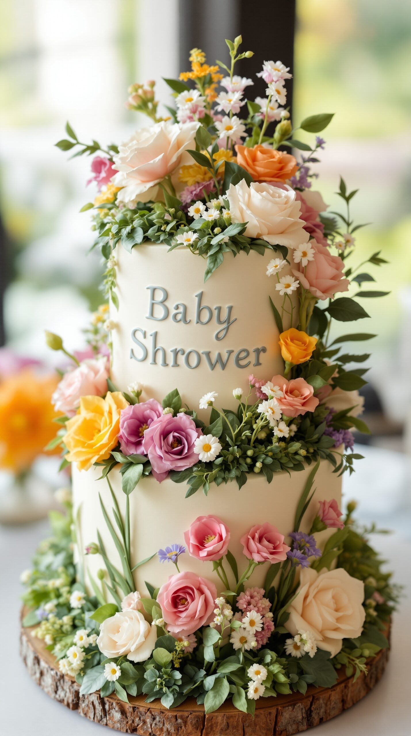 A beautifully decorated three-tiered baby shower cake adorned with colorful flowers and greenery.
