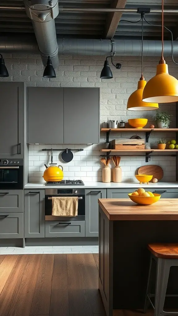 A modern kitchen featuring gray cabinets and yellow accents, showcasing an industrial design.