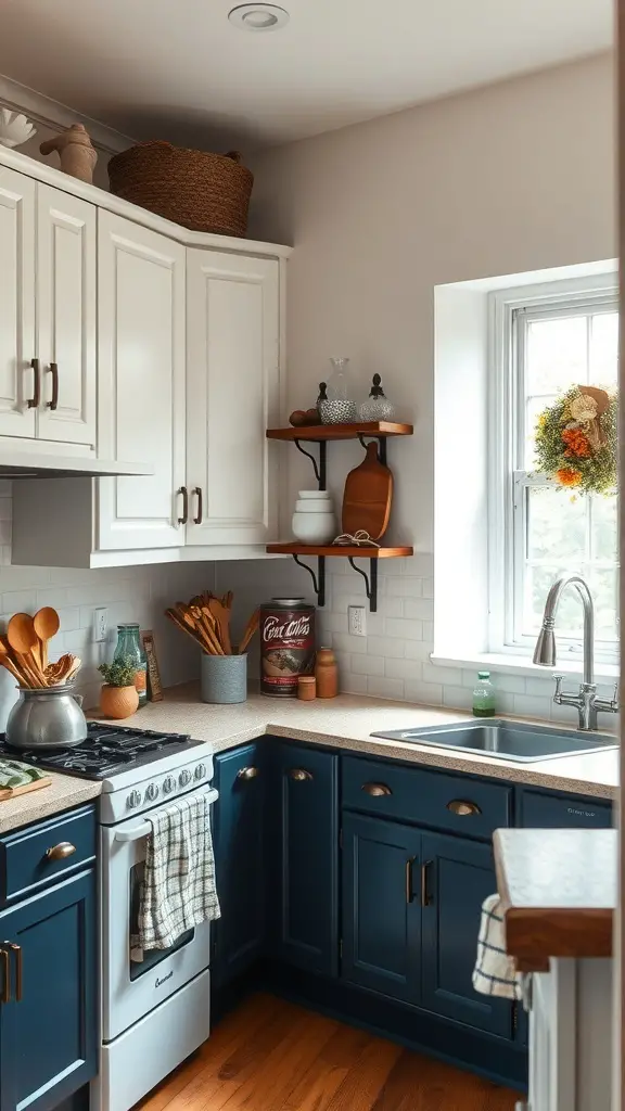 A kitchen featuring white upper cabinets and navy lower cabinets, with wooden flooring and natural light.