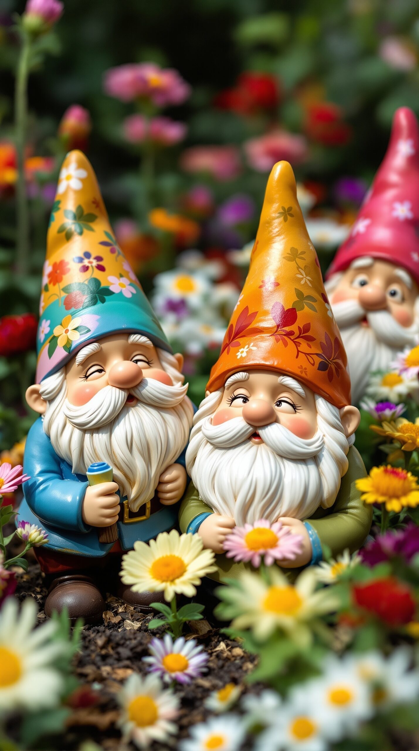 Three colorful garden gnomes surrounded by flowers
